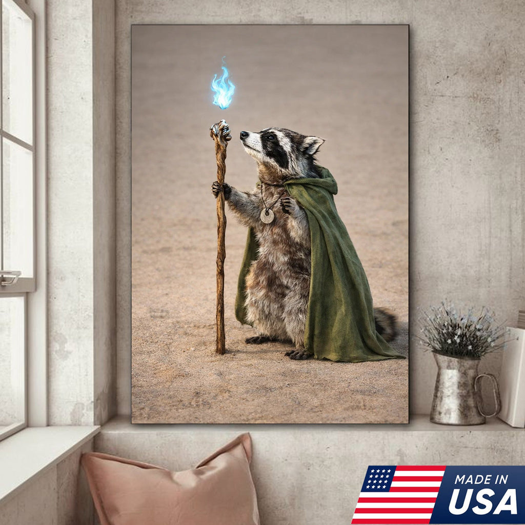 Wizard Raccoon Wall Art Canvas Print, Fantasy Animal Magic Illustration
