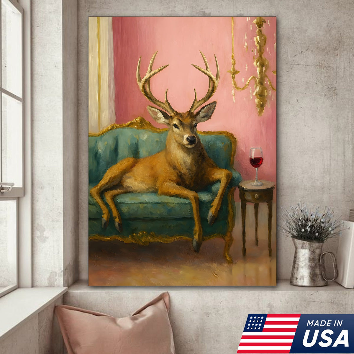 Funny Deer Chill On The Sofa Canvas Wall Art – Elegant Deer Drinking Wine Canvas