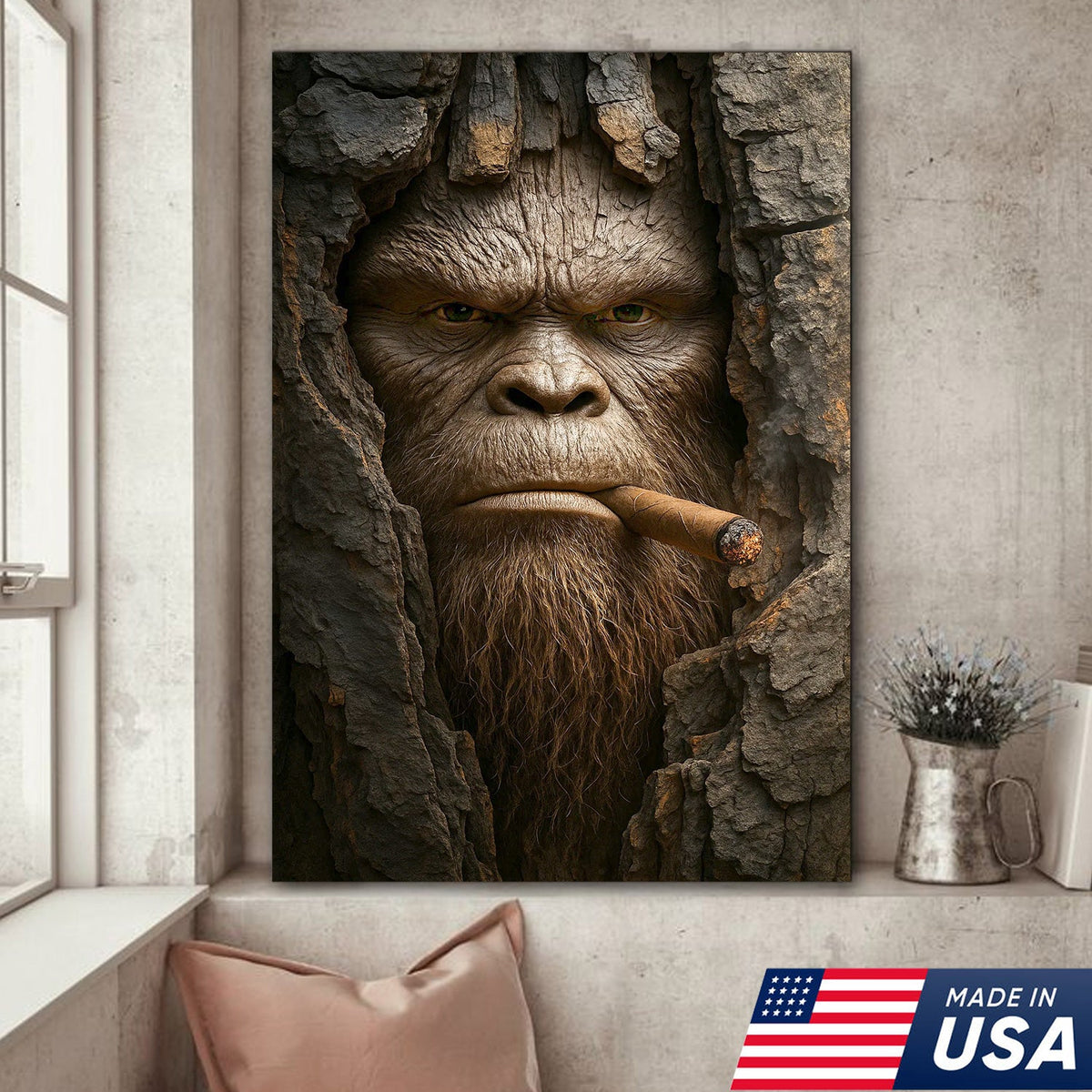 Bigfoot in the Woods Canvas Wall Art, Funny Sasquatch Portrait Artwork, Rustic Cabin Decor for Men