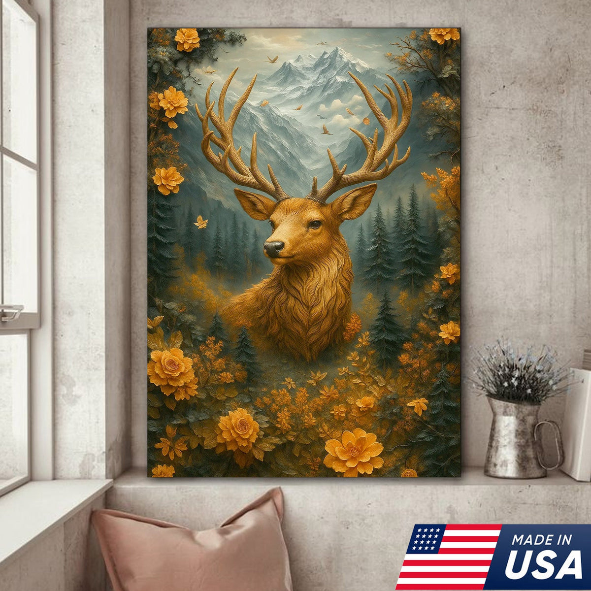 Floral Mountain Stag Canvas Wall Art, Woodland Deer with Antlers, Rustic Cabin Nature Decor