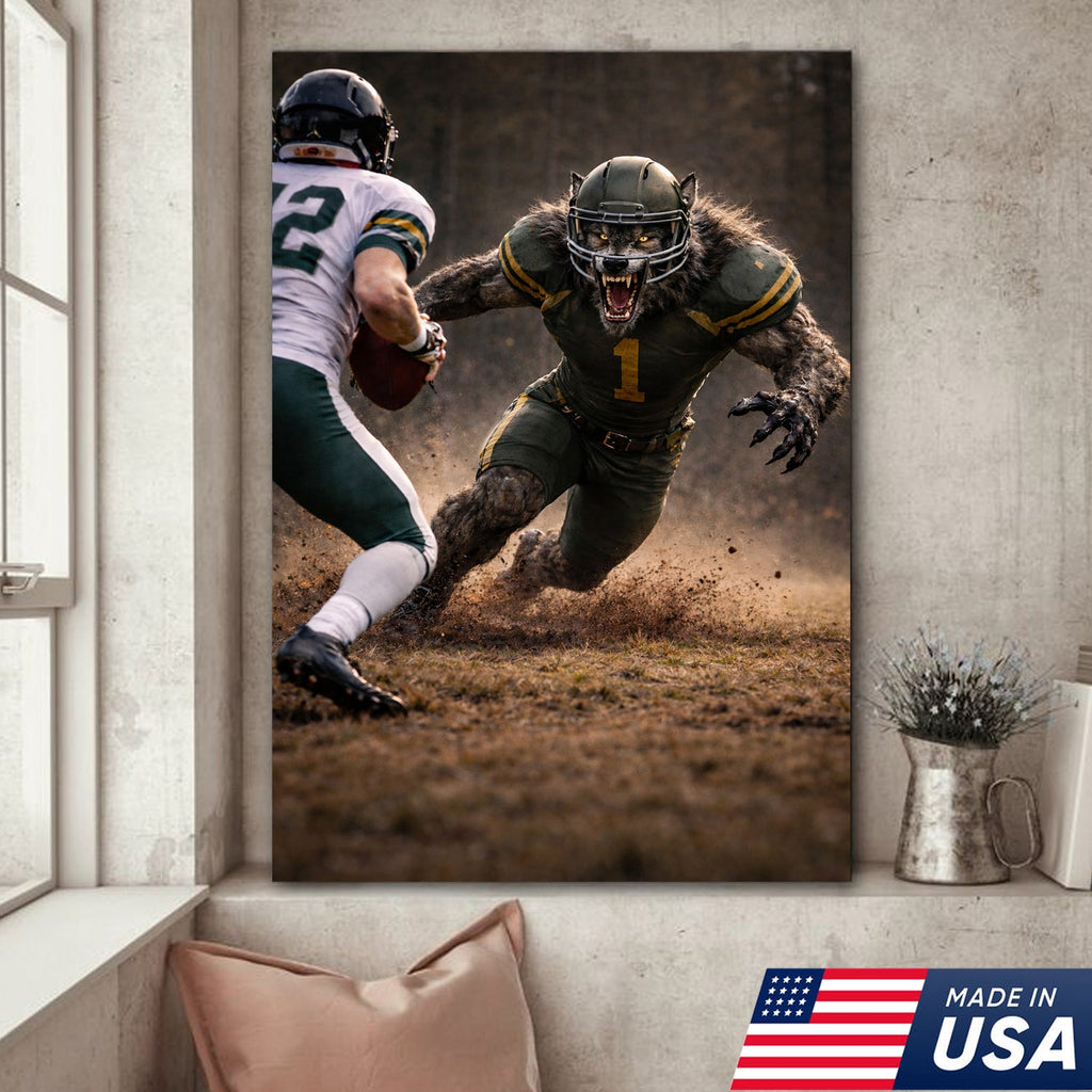 Fierce Wolf Football Canvas Wall Art – Intense Stadium Tackle Sports Print