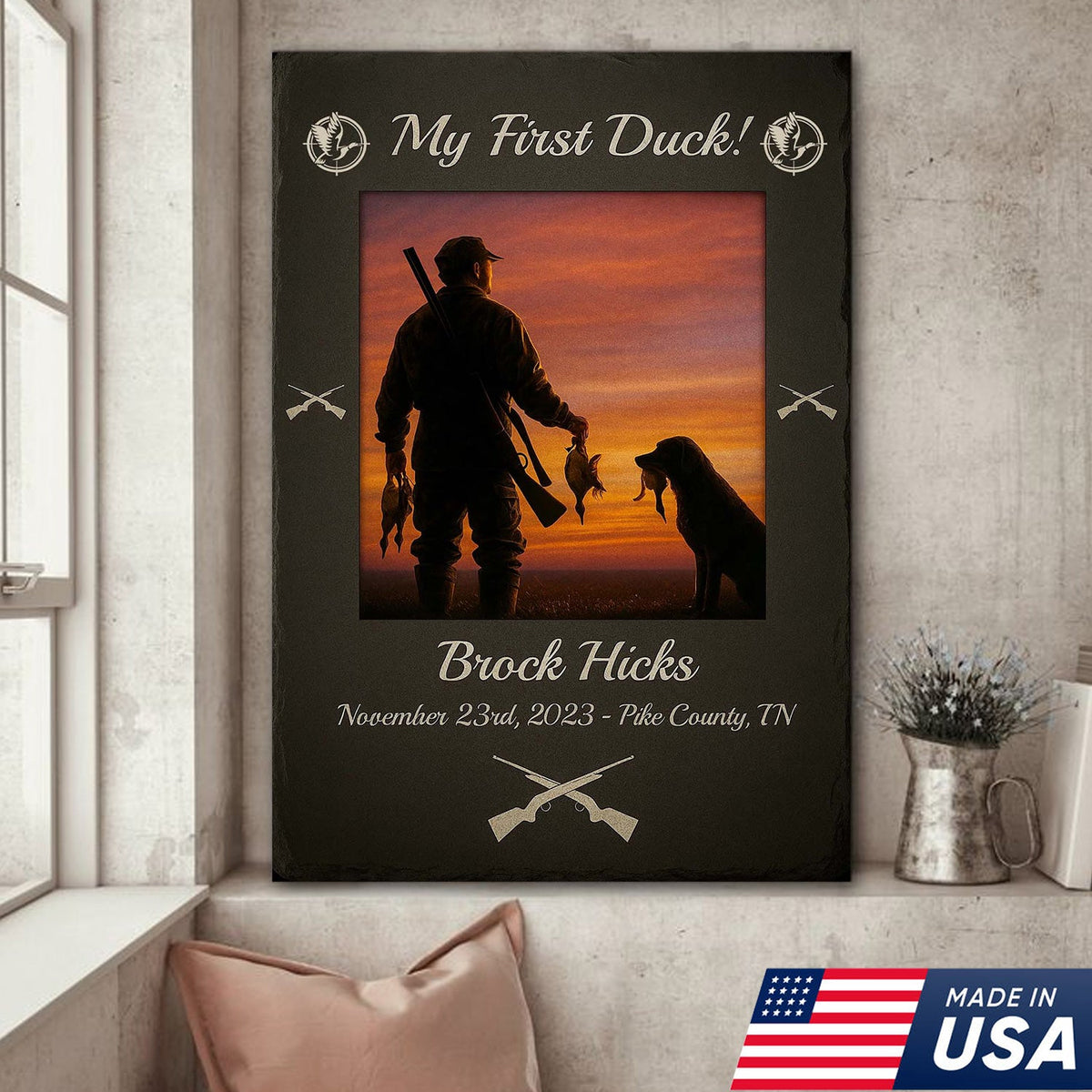 Custom My First Duck Wall Art Canvas, Personalized Duck Hunting Sunset with Dog