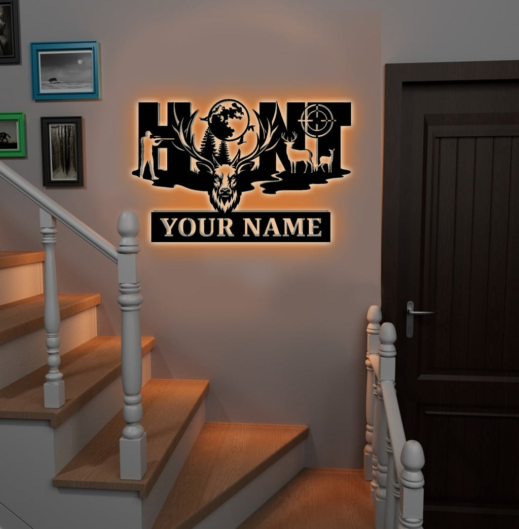 Personalized Deer Hunter Metal Sign WITH LED/WITHOUT LED, Custom Name Hunting Light