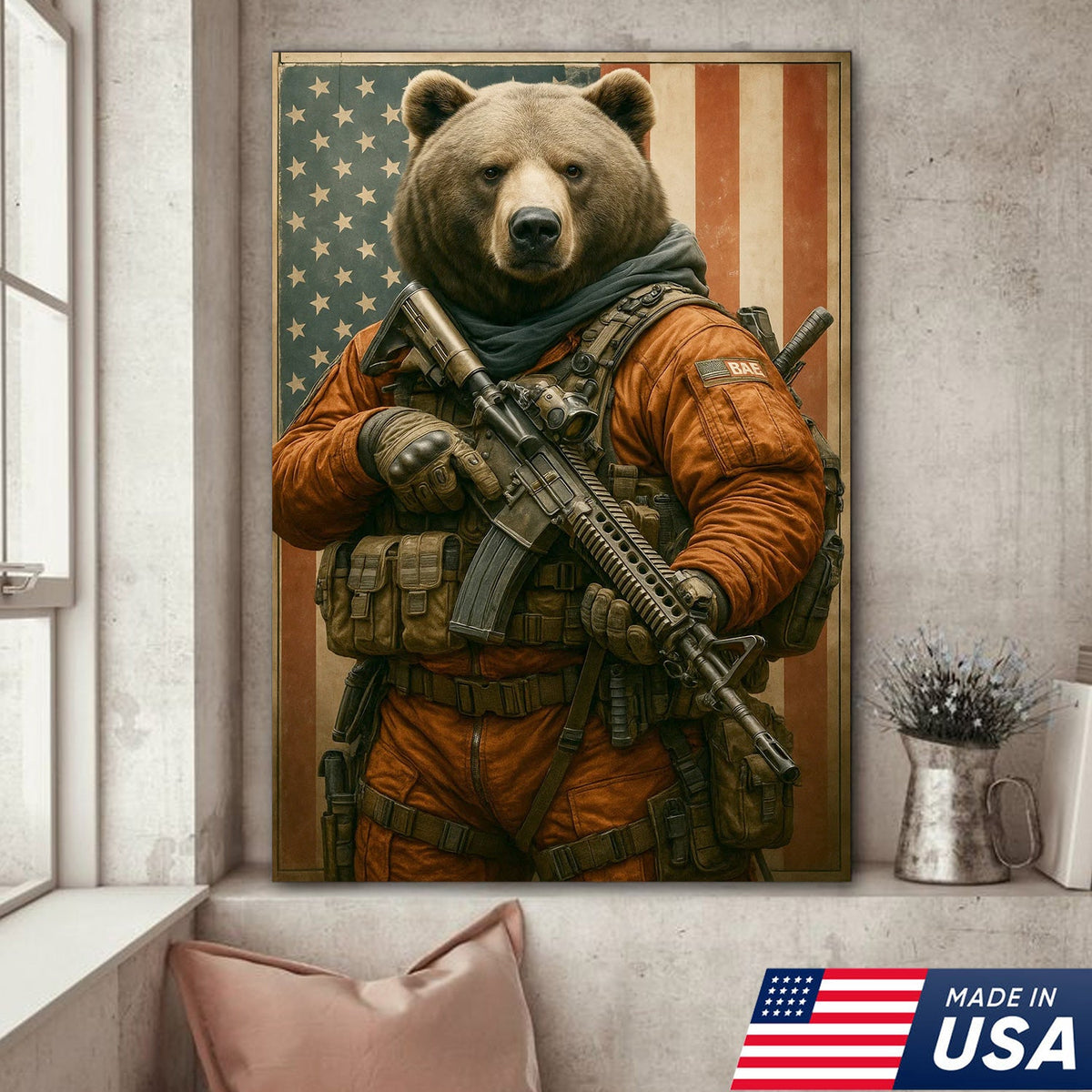 Patriotic Bear Soldier Wall Art Canvas, Tactical Military Animal with American Flag