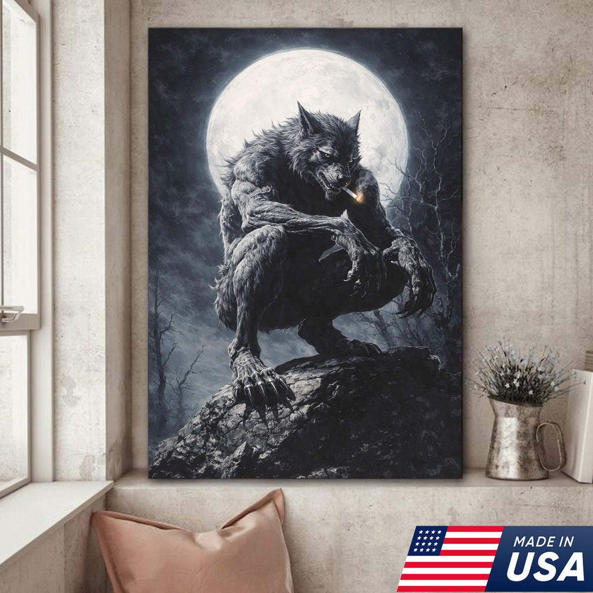 Dark Werewolf Moon Canvas Wall Art, Gothic Fantasy Wolf Illustration