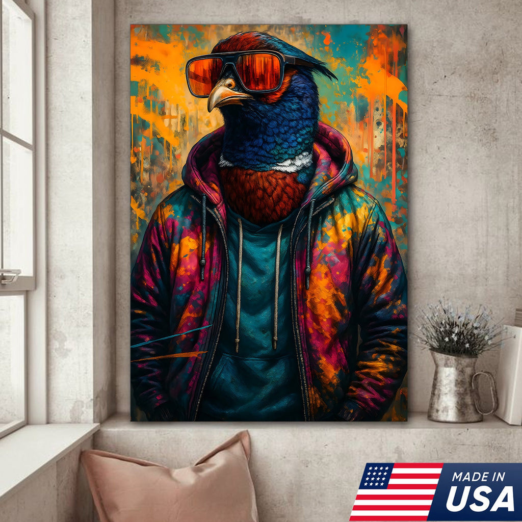 Cool Pheasant Wall Art – Hipster Bird in Hoodie Canvas Print, Urban Street Style Home Decor Gift
