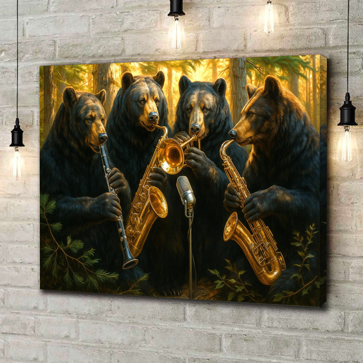 Funny Bear Band Canvas – Rustic Cabin Wall Art Gift for Hunters, Musicians & Nature Lovers