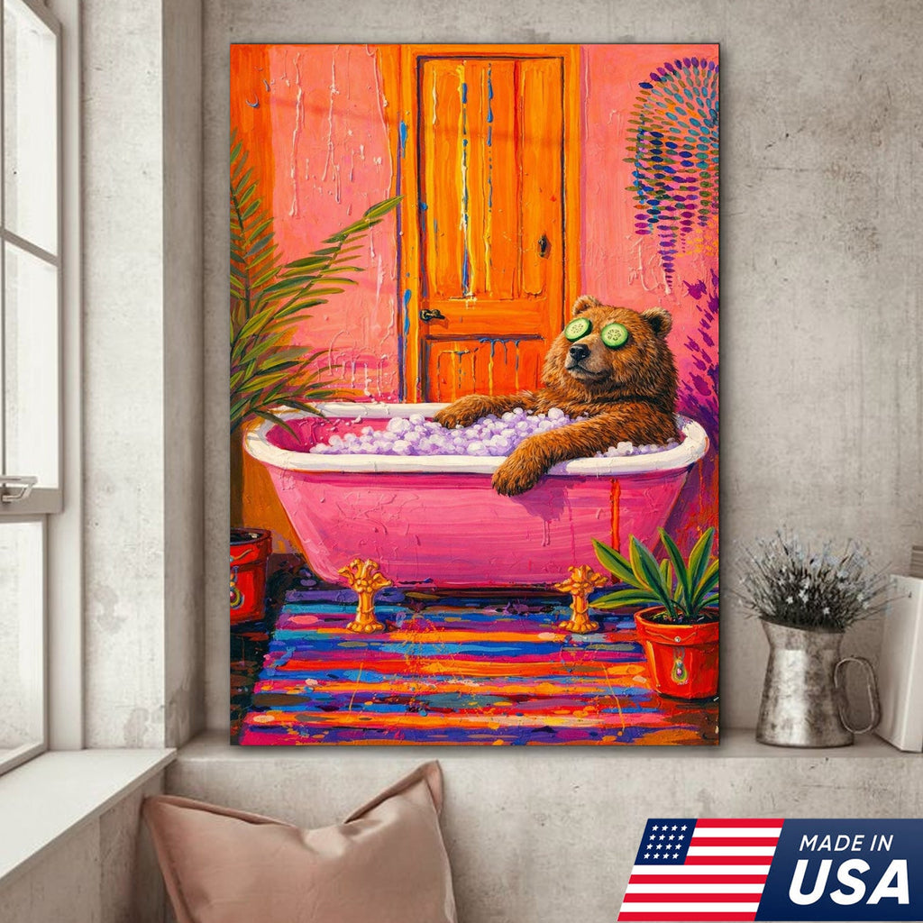 Funny Bear Bath Canvas Wall Art – Colorful Animal Bathroom Decor