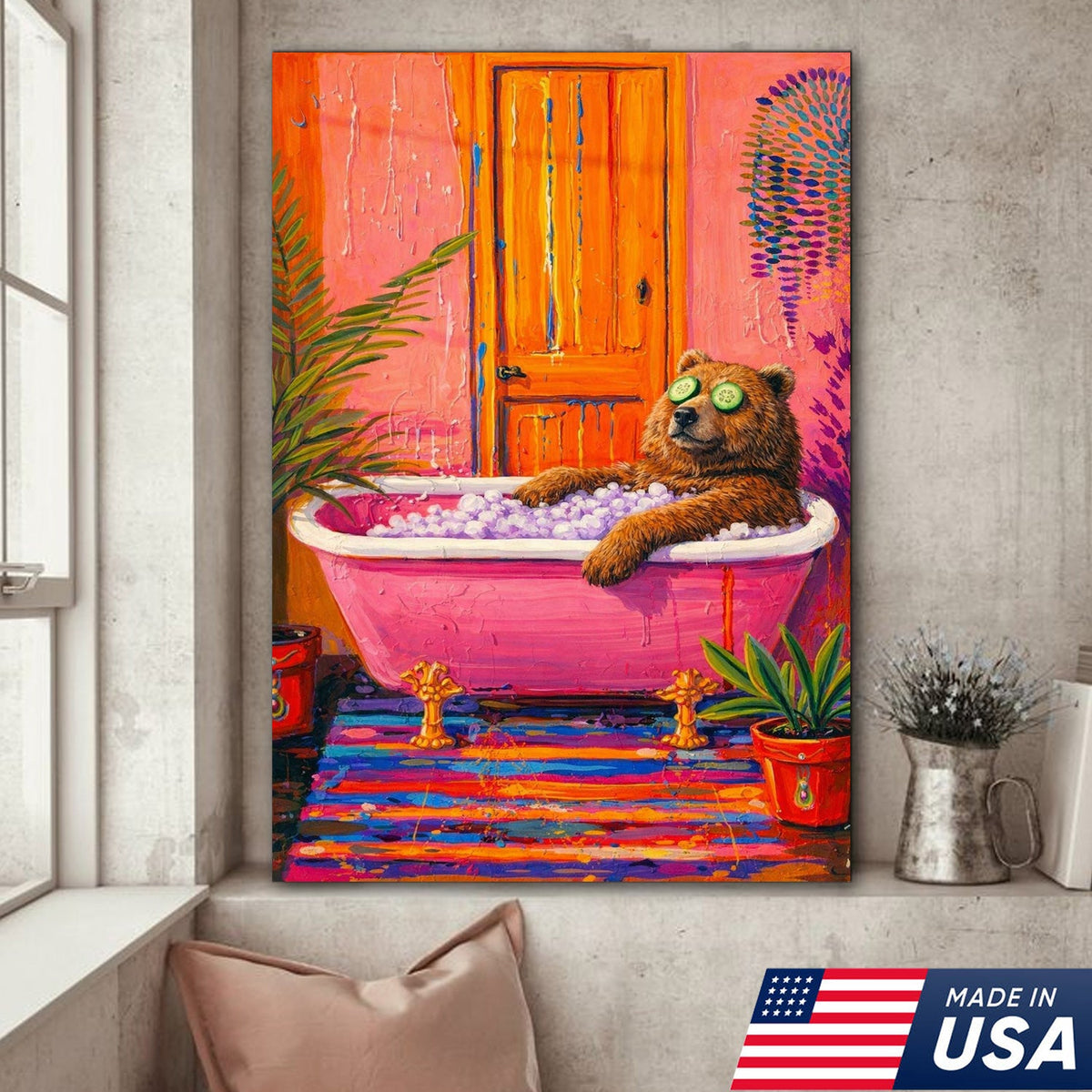 Funny Bear Bath Canvas Wall Art – Colorful Animal Bathroom Decor