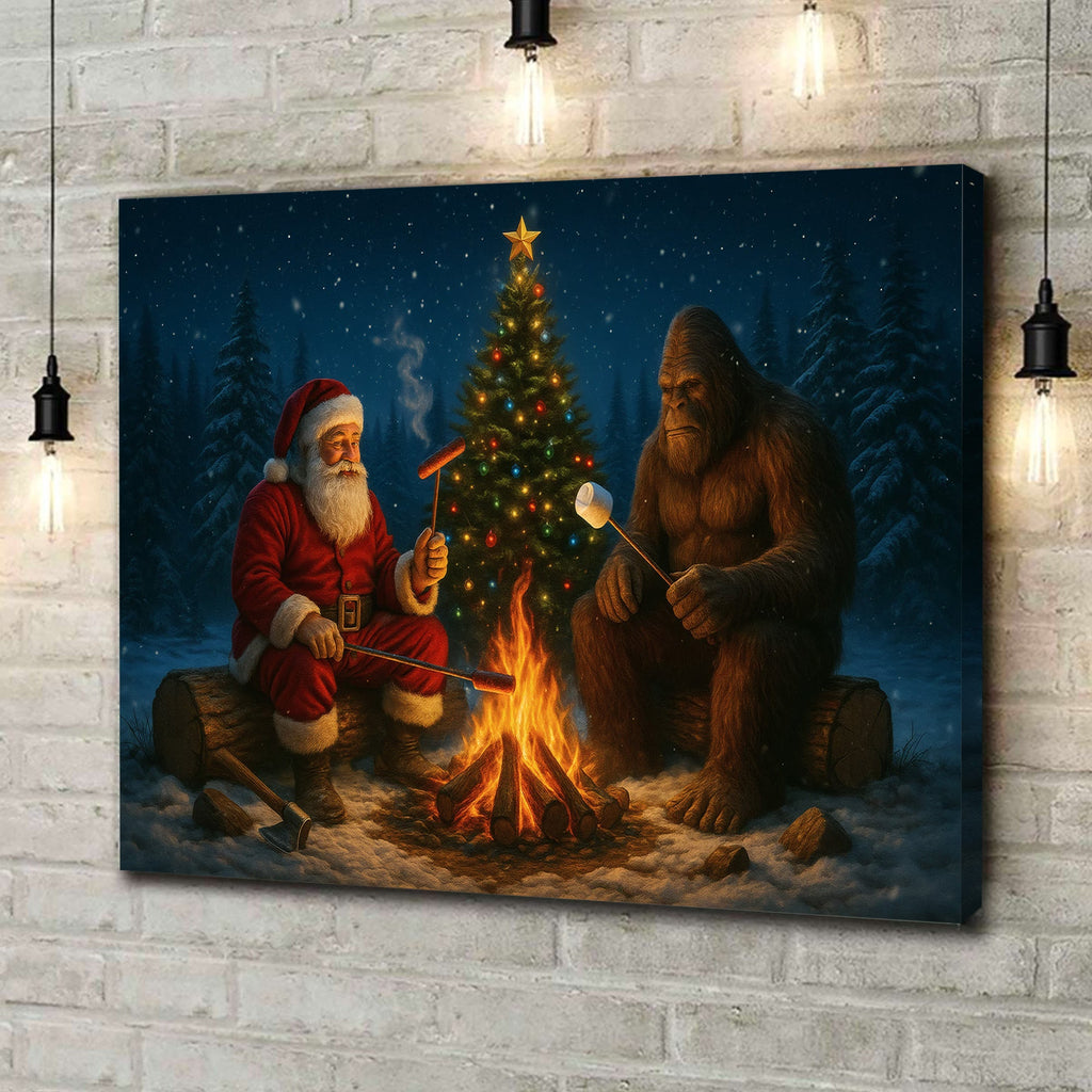 Santa & Bigfoot Sasquatch Campfire Christmas Canvas Wall Art, Funny Winter Forest Scene