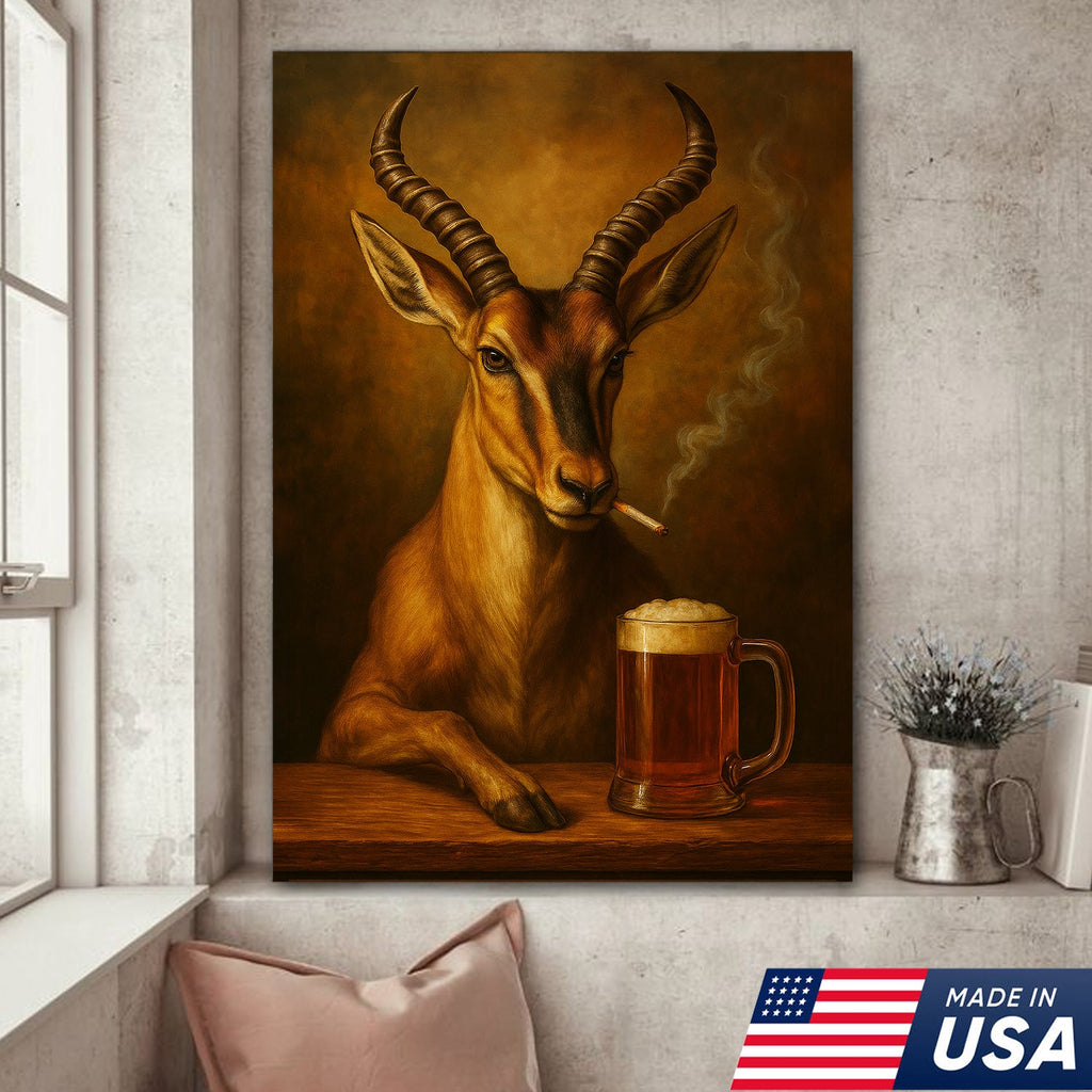 Funny Antelope Smoking & Beer Canvas Wall Art - Hunting Perfect Gift for Hunters