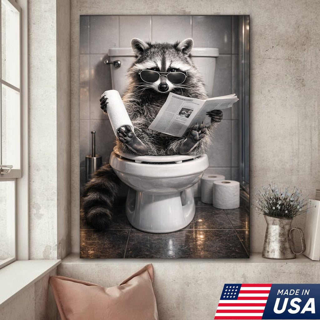 Raccoon Bathroom Humor Canvas – Funny Toilet Reading Wall Art for Restroom Decor