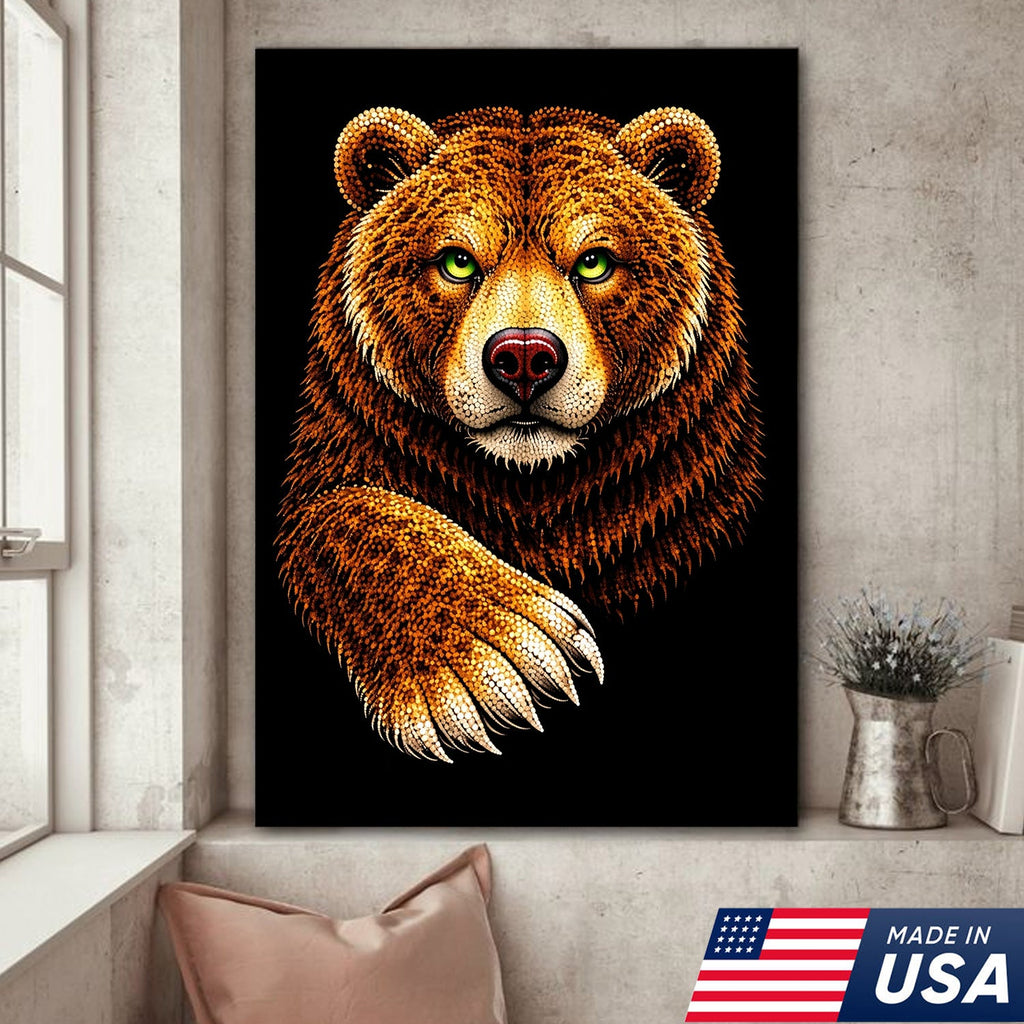 Golden Bear Portrait Canvas Wall Art – Majestic Wildlife Animal Print with Black Background