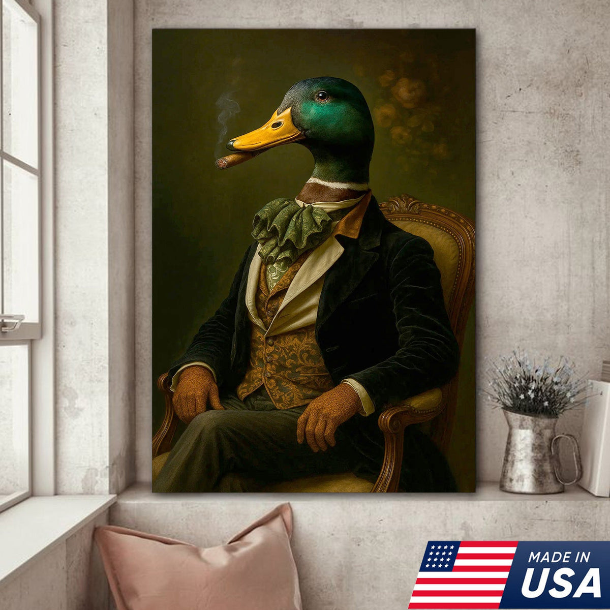Vintage Duck Gentleman Portrait Canvas Wall Art, Regal Mallard in Suit Victorian Style Painting