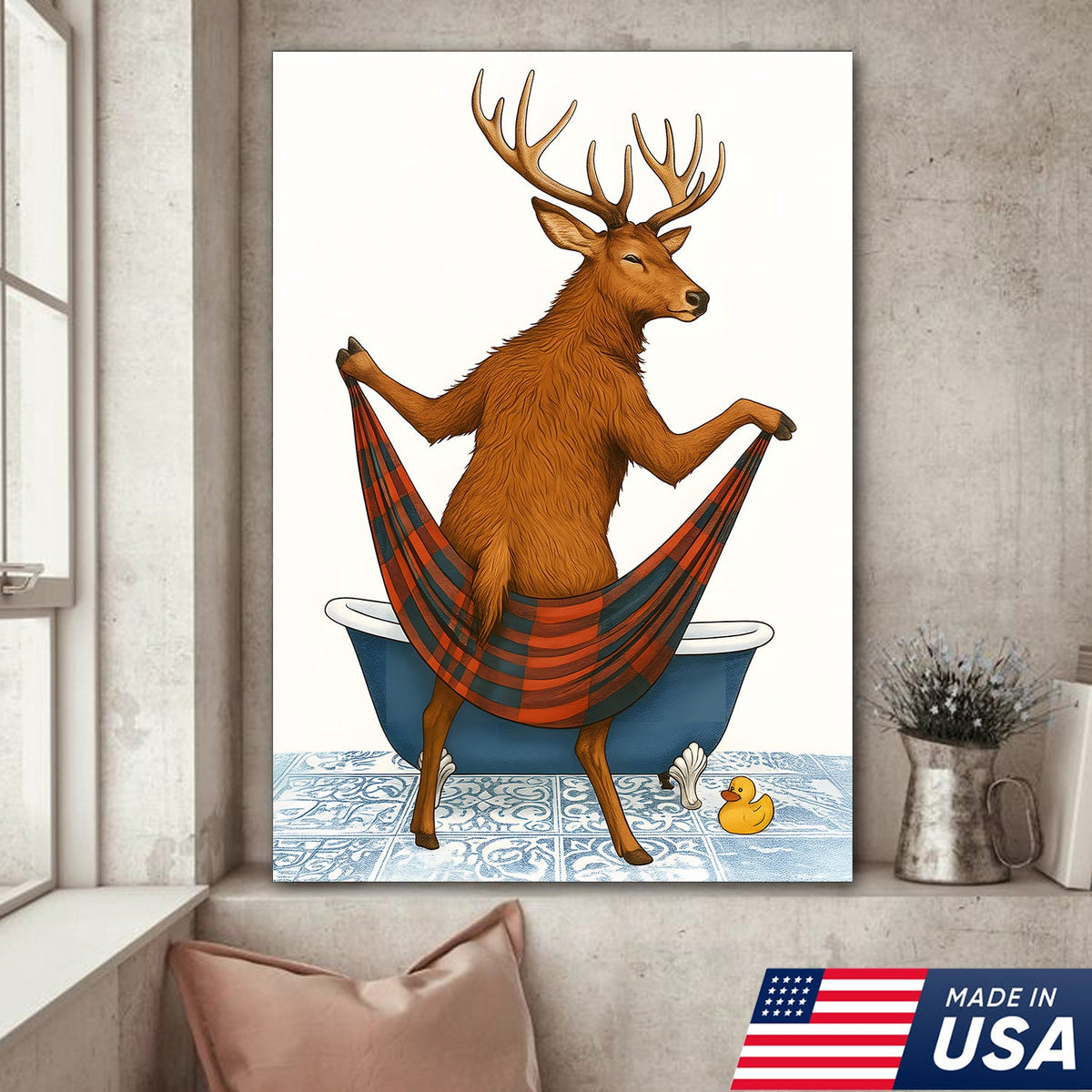 Funny Deer Bathroom Canvas Art – Unique Gift for Hunters, Rustic Cabin & Wildlife Lovers