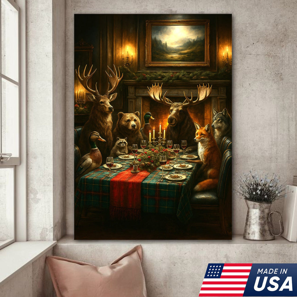 Rustic Wildlife Dinner Scene Wall Art Canvas – Forest Animal Gathering Decor