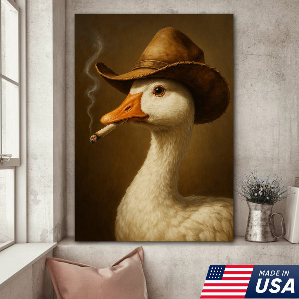 Cowboy Duck Canvas Wall Art – Funny Rustic Decor for Hunters & Man Cave