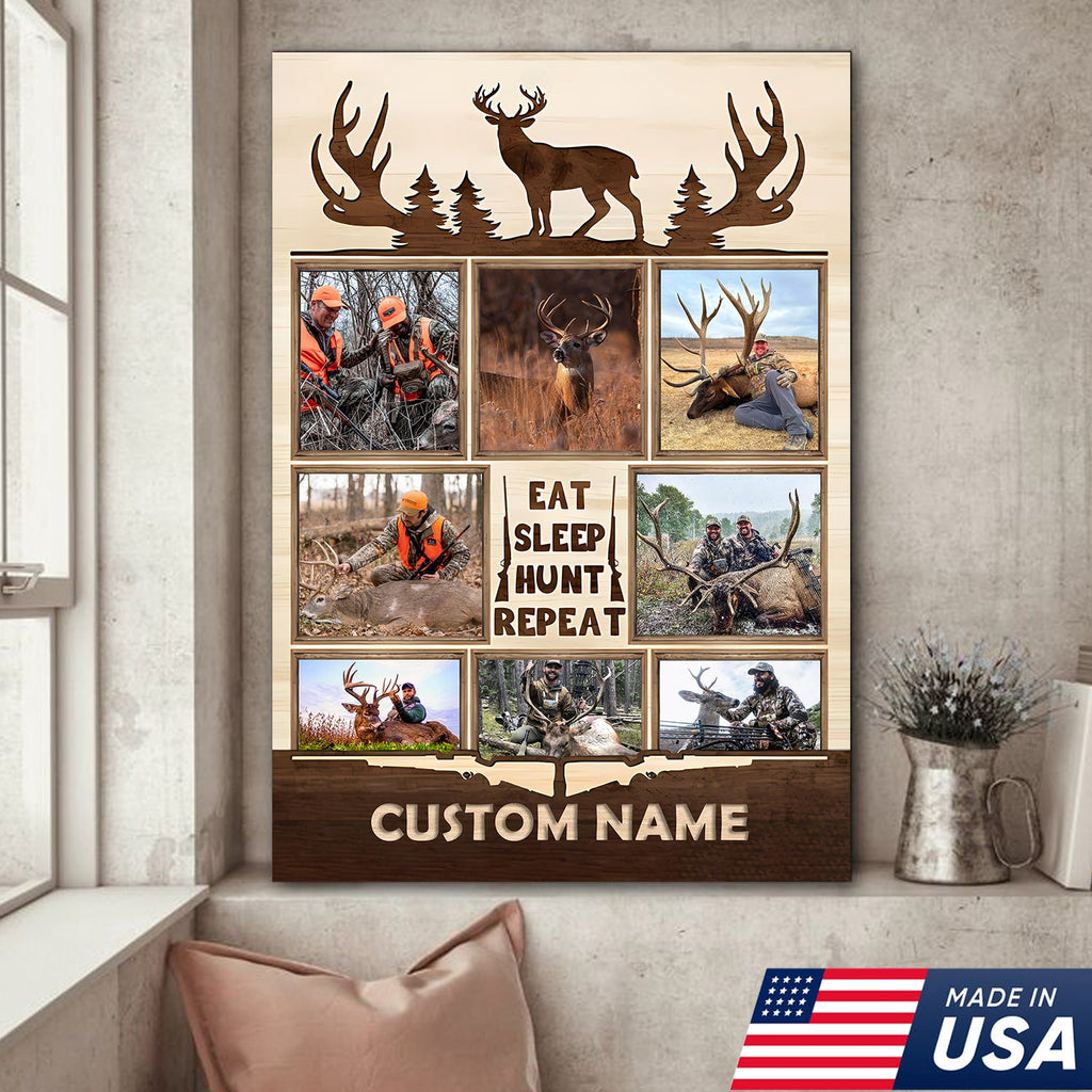 Personalized Hunting Photo Collage Canvas, Deer Antler Wall Art, Custom Hunter Gift