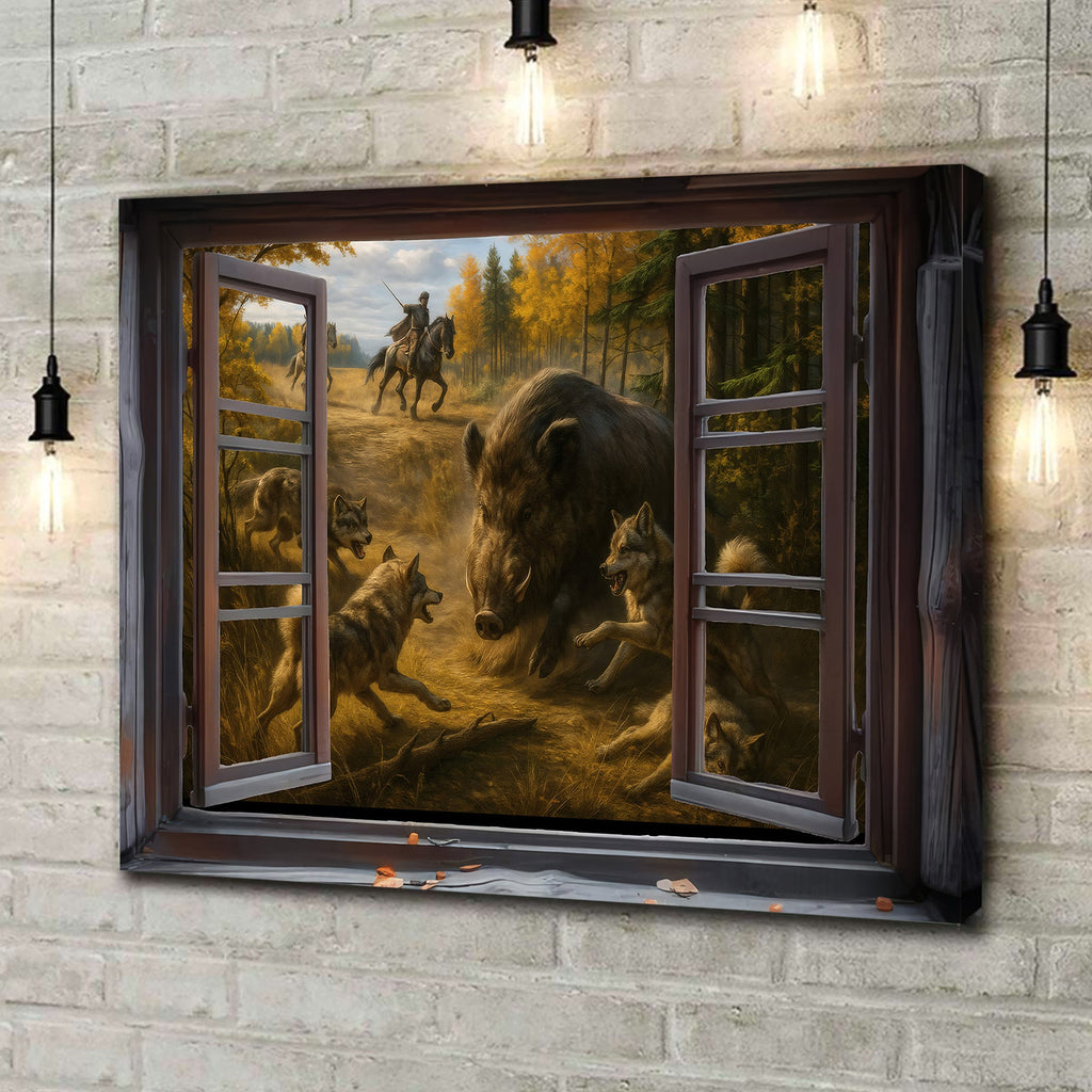 Epic Wild Boar Hunting Scene Wall Art - Wolves & Hunters 3D Canvas for Cabin & Lodge Decor
