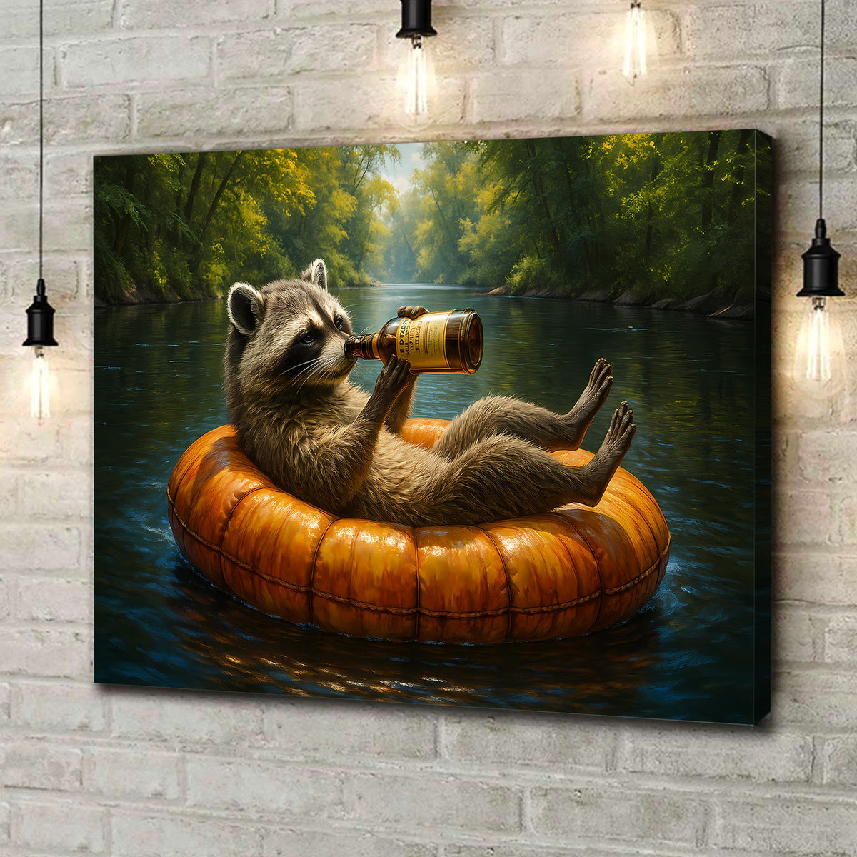Funny Drunk Raccoon Canvas Wall Art – Chill Gift for Men, Husband, or Hunter, Rustic Cabin Decor