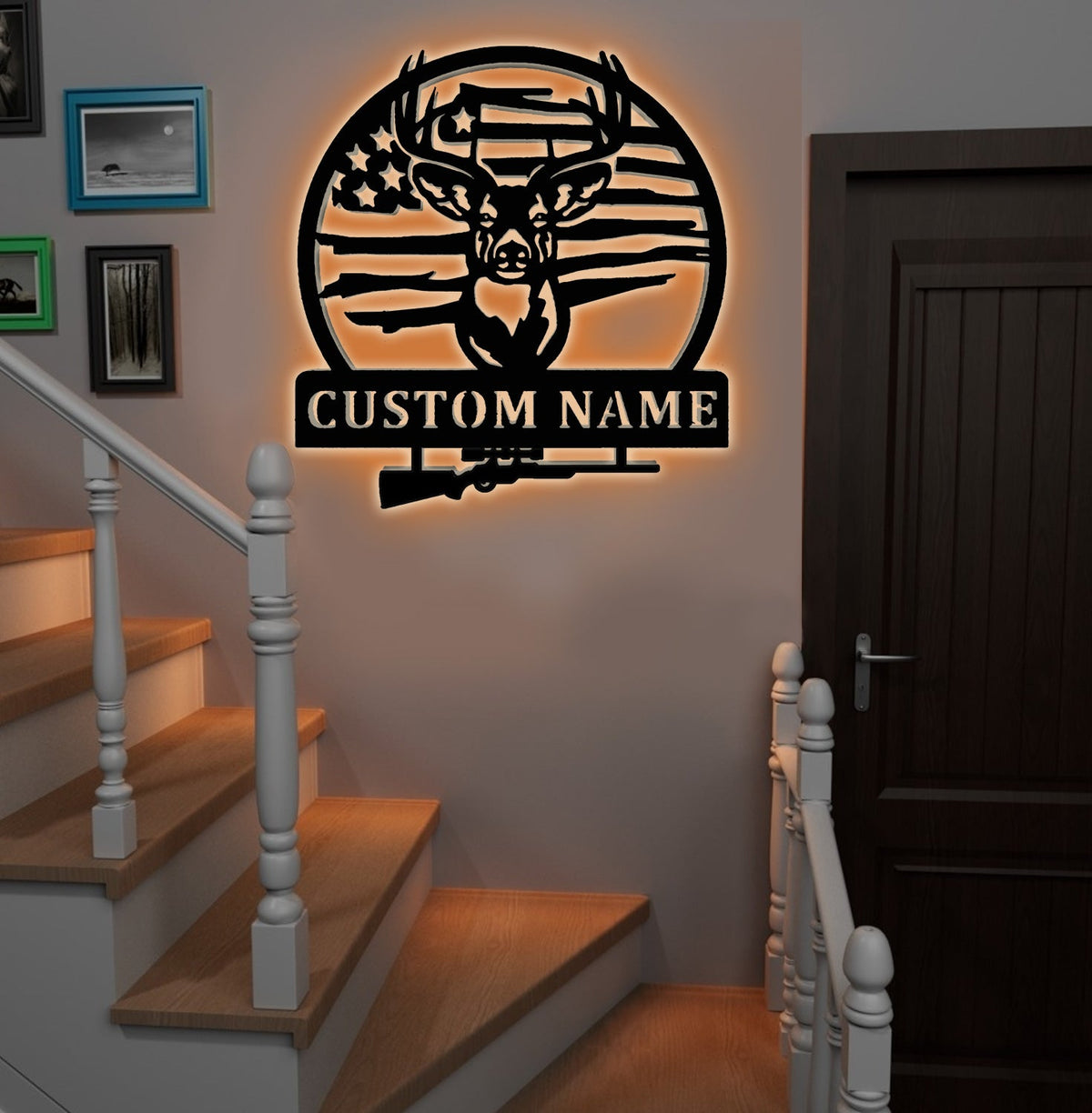 Personalized Deer Hunting Metal Sign WITH LED/WITHOUT LED, Rustic Buck Wall Art with American Flag