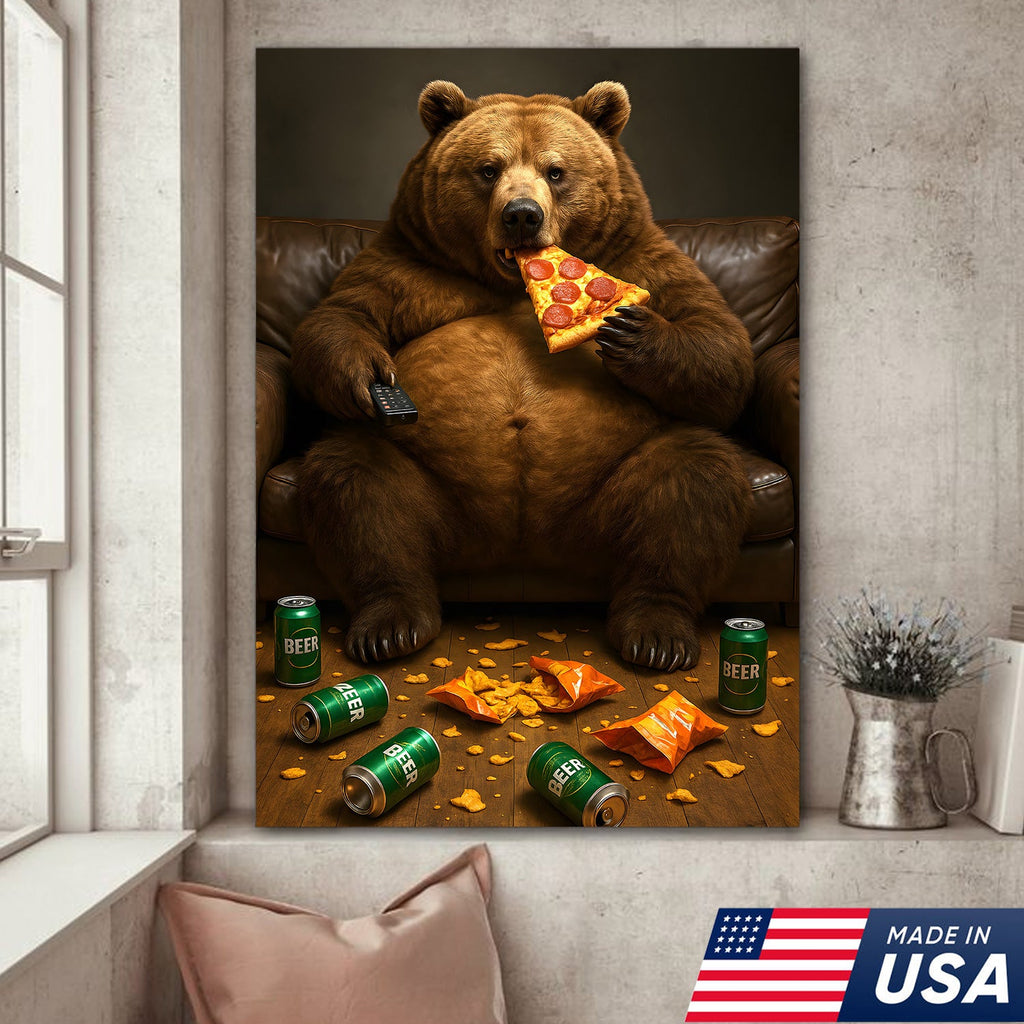 Funny Bear Eating Pizza Canvas Wall Art – Lazy Beer Lover Animal Canvas, Man Cave
