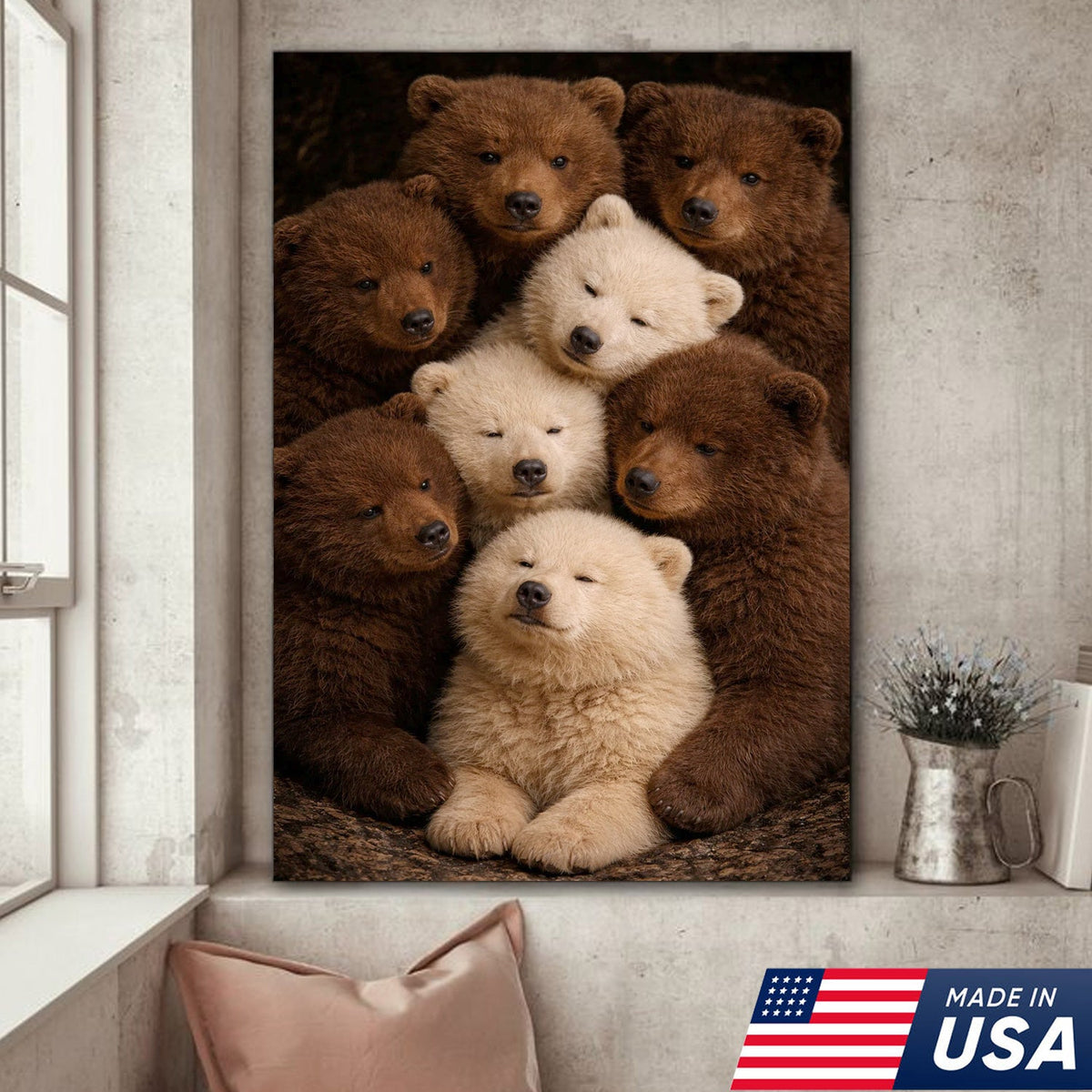 Cute Bear Cubs Canvas Wall Art, Brown and White Bear Family Portrait