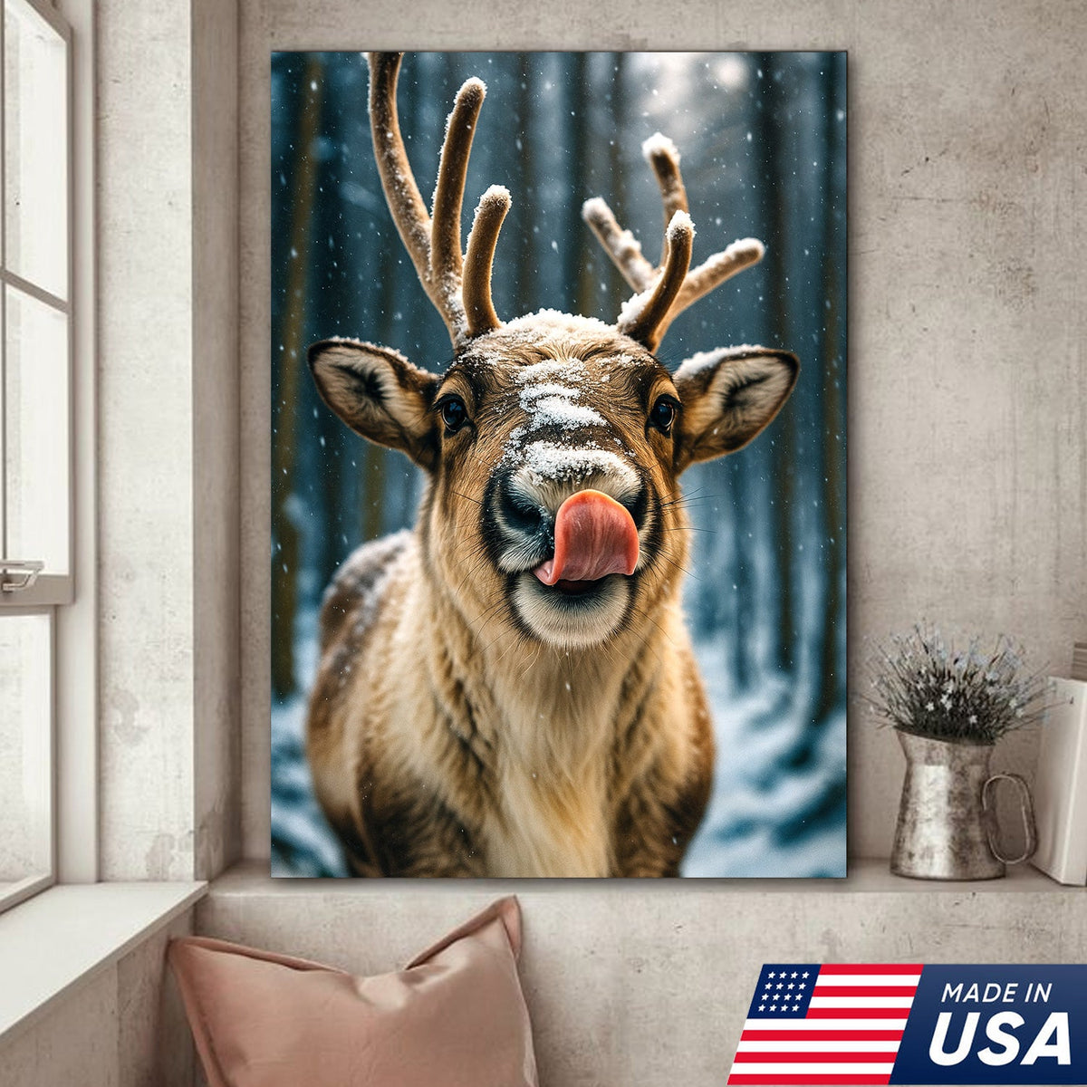 Winter Reindeer Portrait Canvas – Rustic Forest Wall Art for Cabin & Lodge Decor
