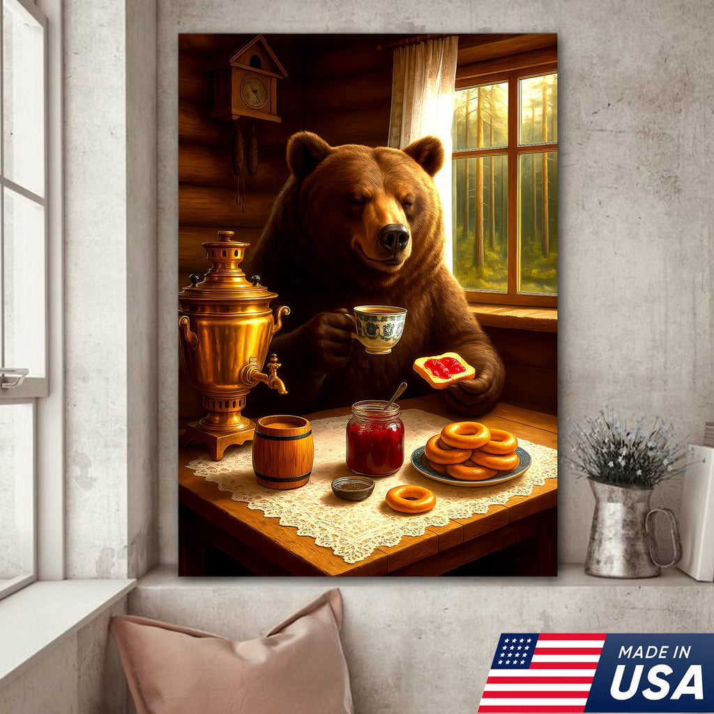 Relaxed Bear Having Tea Canvas Wall Art – Rustic Decor Funny Cozy Animal Canvas Art