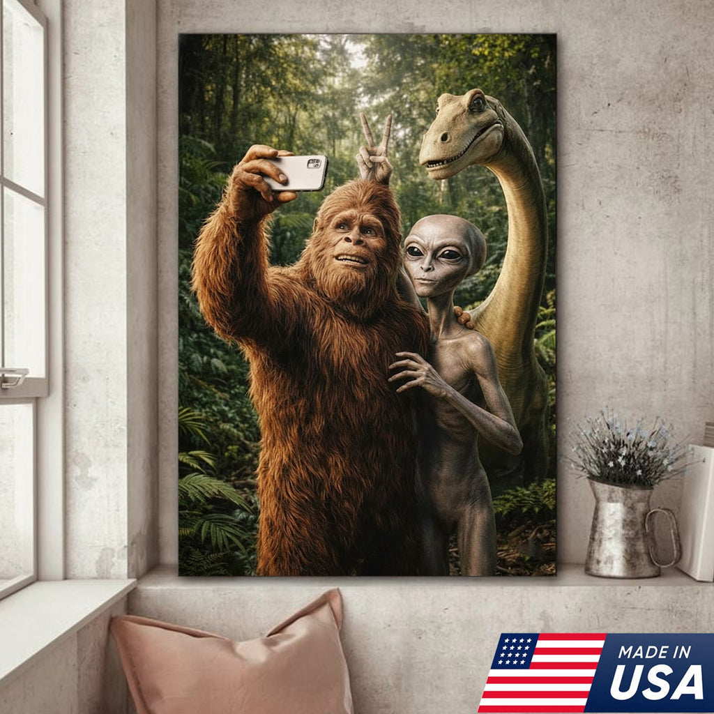 Funny Bigfoot Alien Dinosaur Selfie Canvas Wall Art, Whimsical Fantasy Creature Humor Print