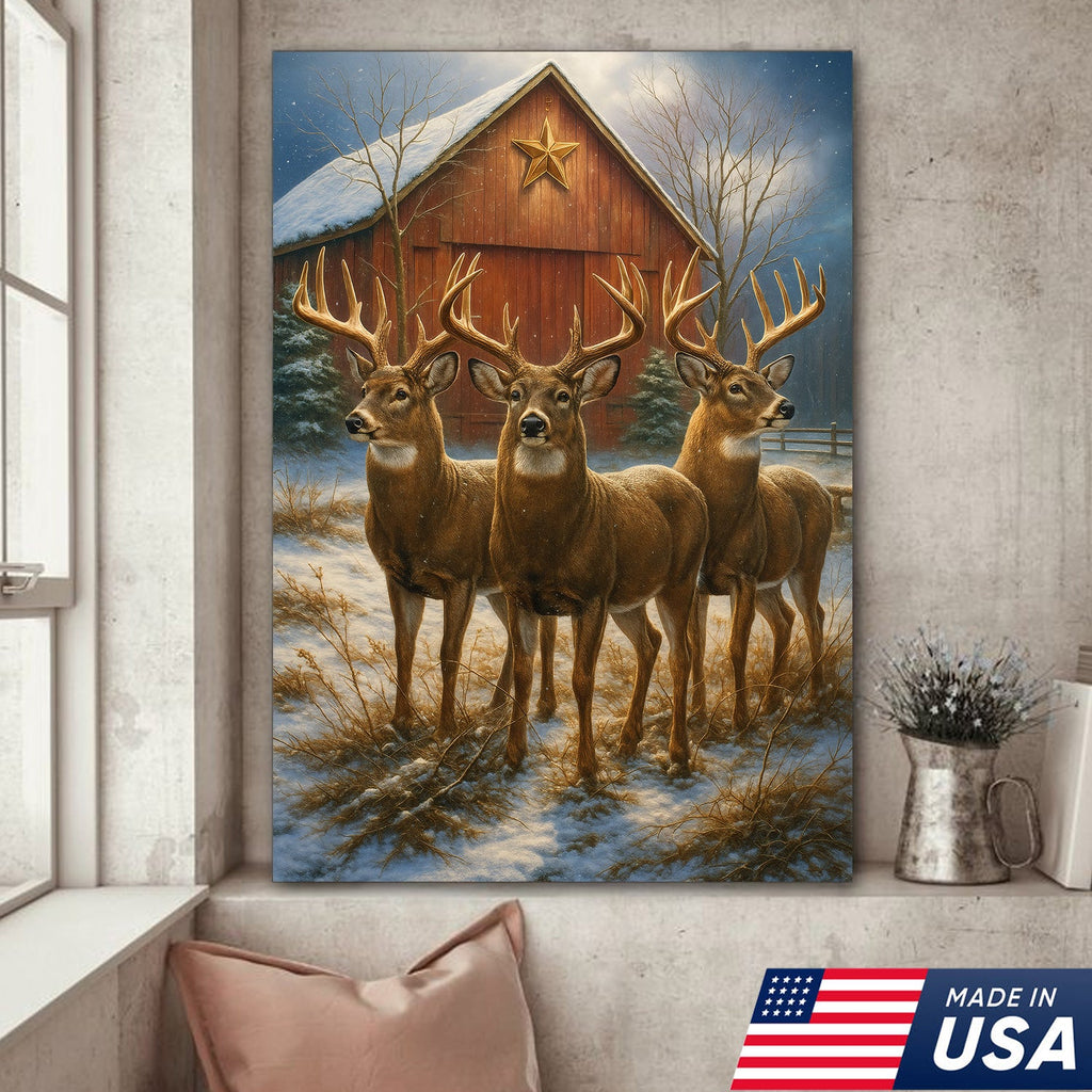 Deer Trio Winter Barn Canvas – Rustic Wildlife Wall Art Gift for Hunters, Nature & Christmas Lovers