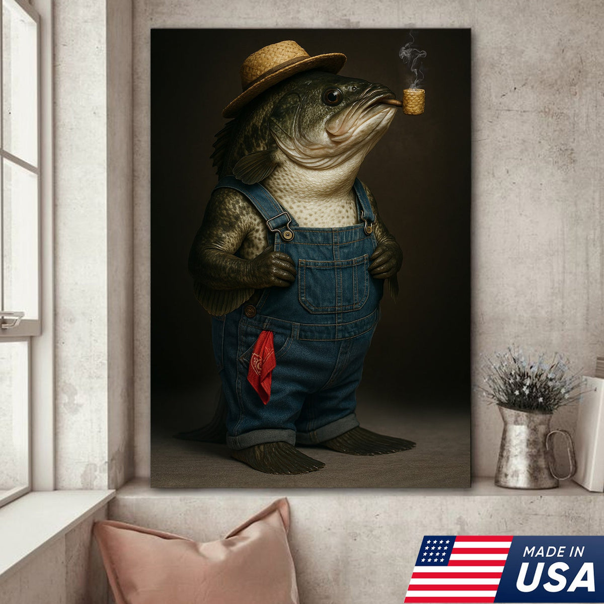 Funny Fisherman Bass Canvas, Rustic Fishing Wall Art, Humorous Country Fish Lover Decor
