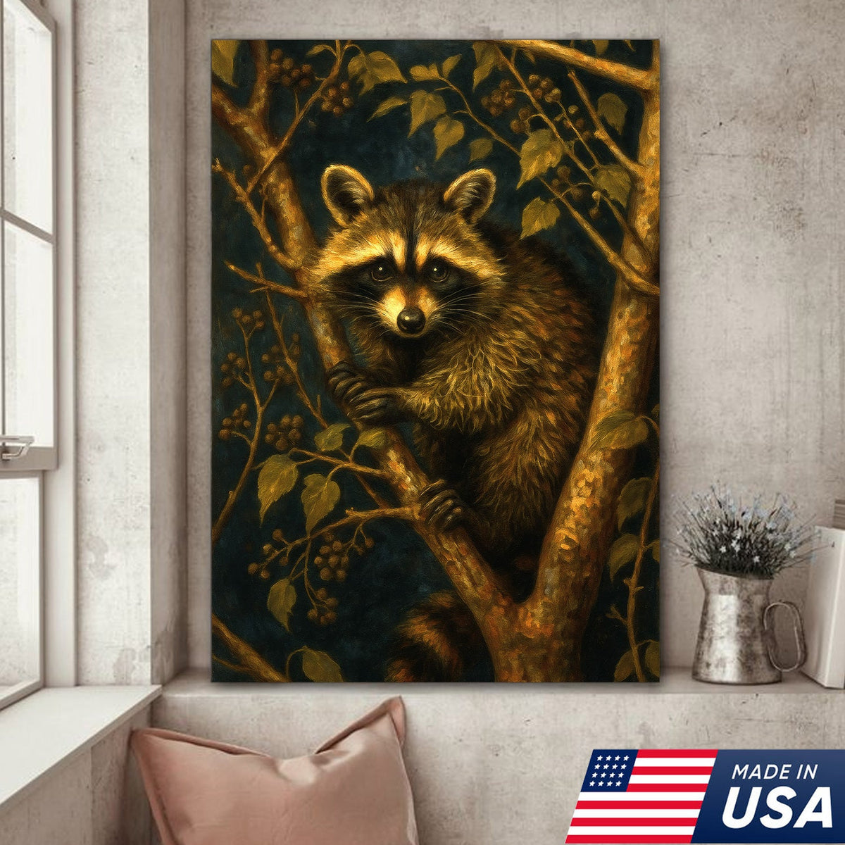 Raccoon Canvas Wall Art – Forest Night Wildlife, Rustic Lodge Decor, Gift for Animal Lovers