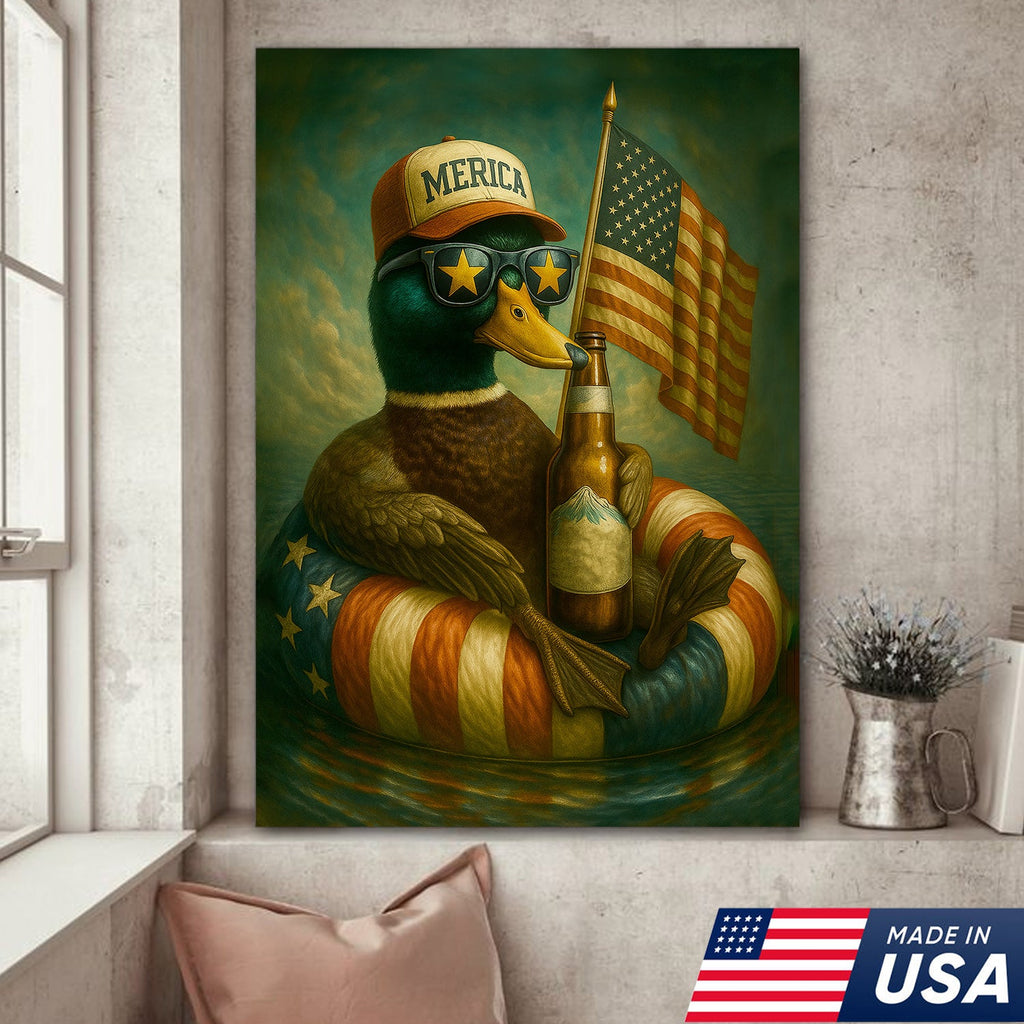 Funny Patriotic Duck Canvas Wall Art – Rustic American Flag Decor Gift for Hunters & Beer Lovers