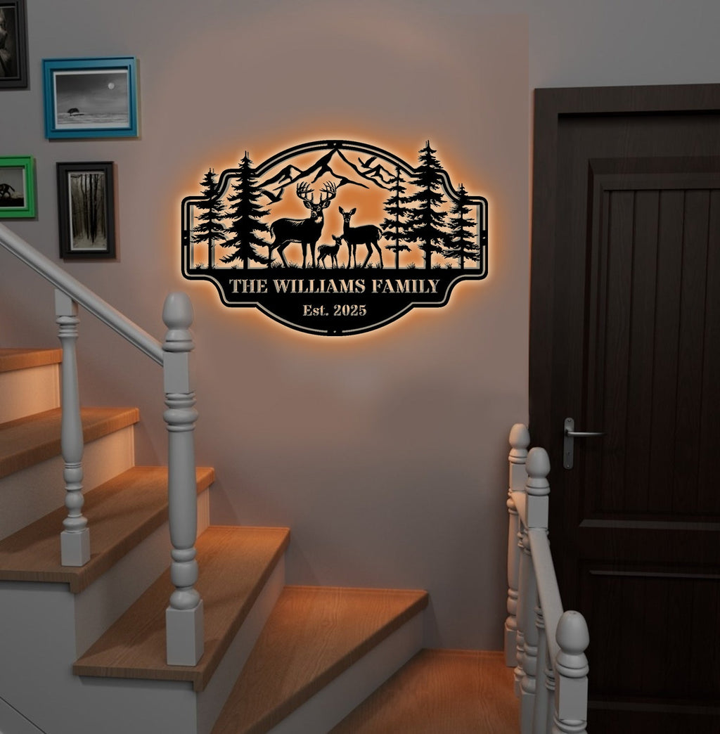 Personalized Deer Family Metal Sign WITH LED/WITHOUT LED - Rustic Cabin Wall Decor