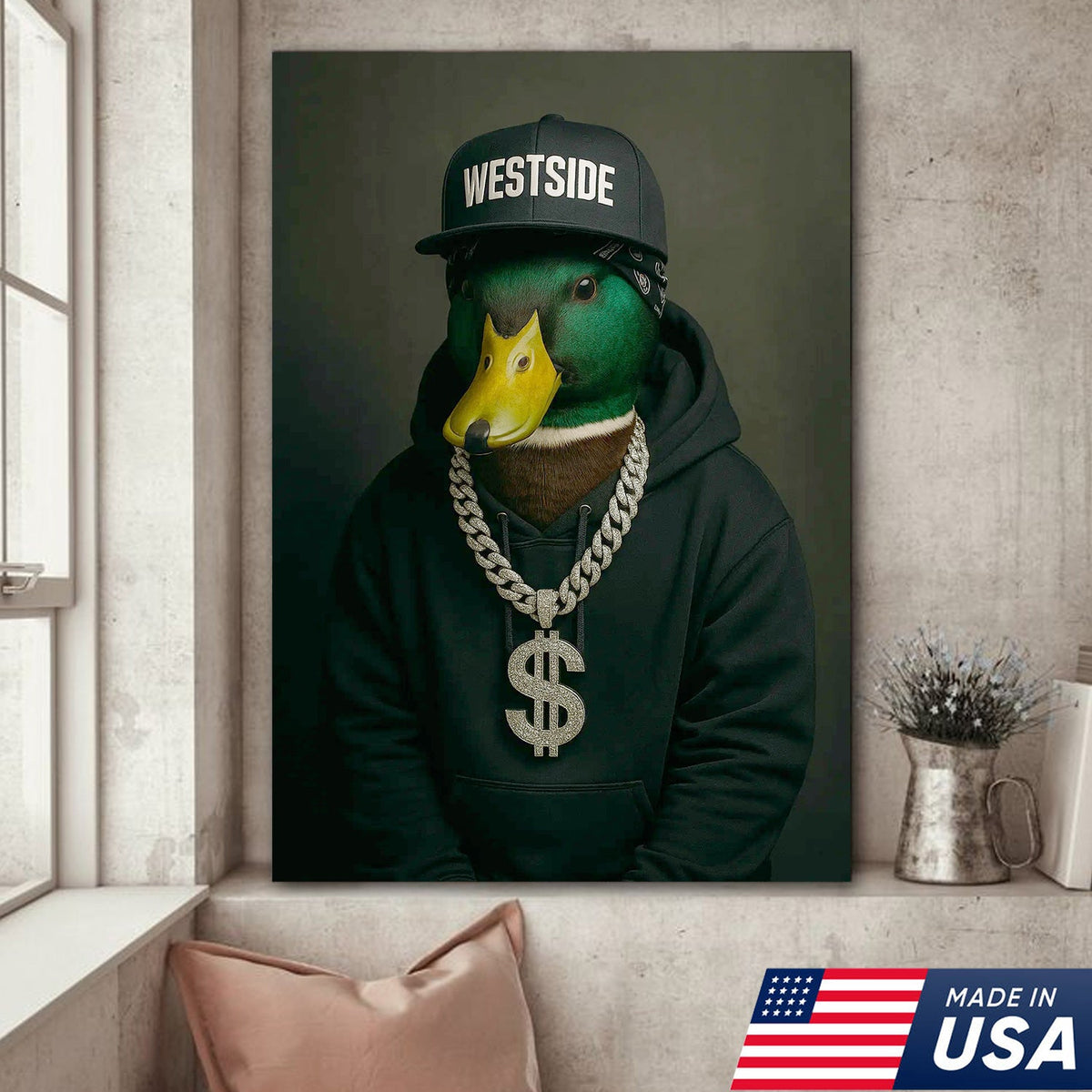 Gangster Duck Canvas Wall Art – Funny Animal Portrait, Hip Hop Duck Decor