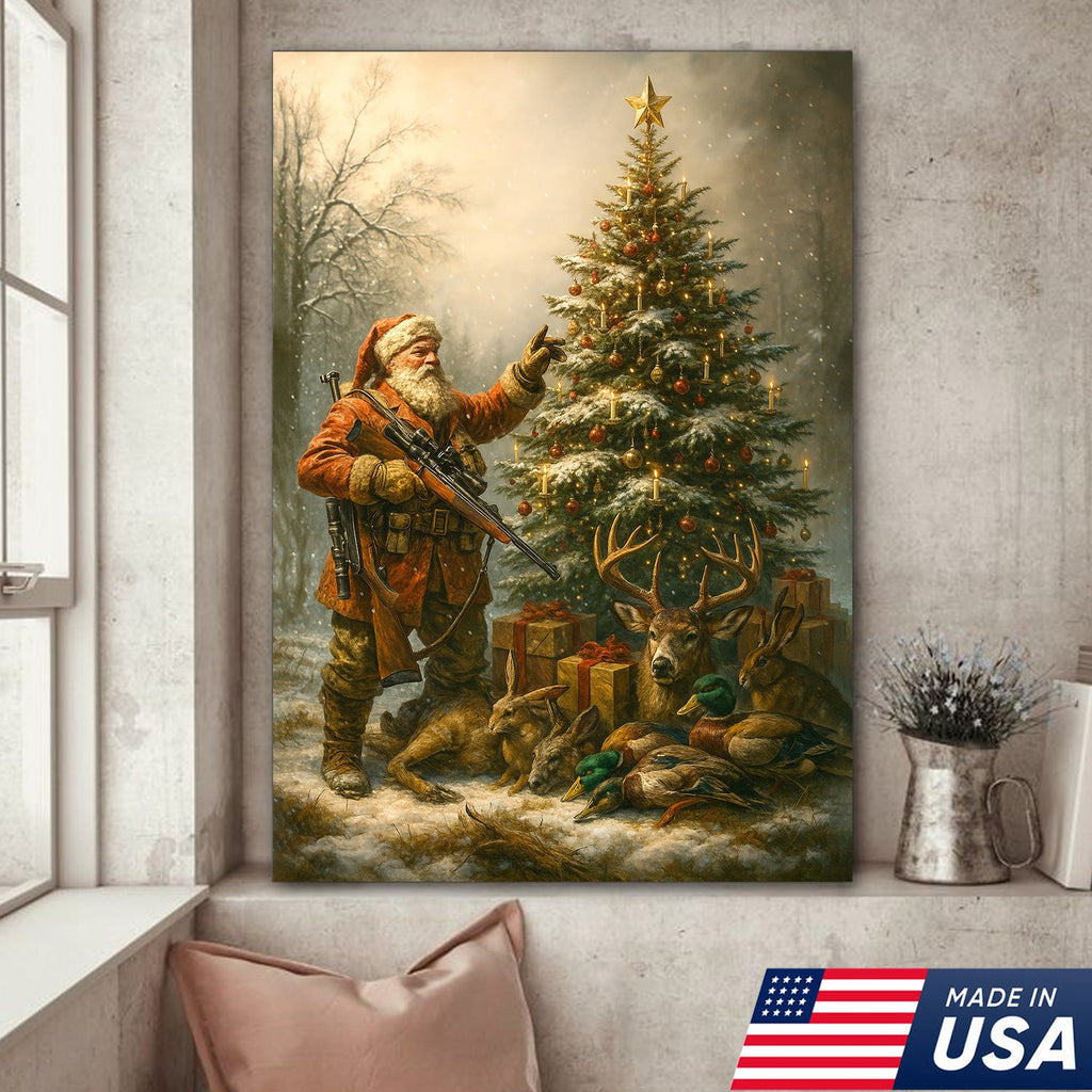 Santa Hunter Christmas Wall Art – Rustic Holiday Canvas for Cabin, Farmhouse & Hunter Decor