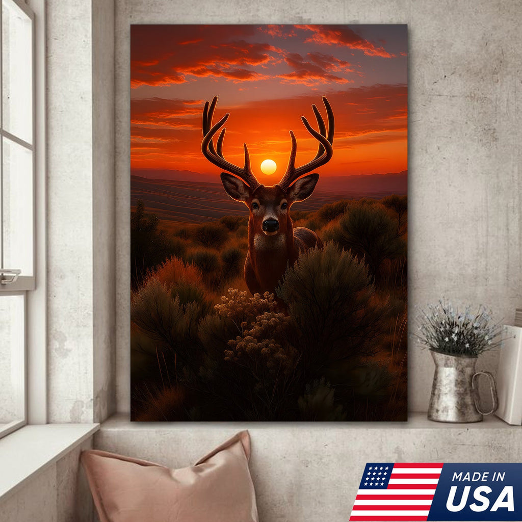 Deer Sunset Canvas Wall Art, Majestic Buck Silhouette in Orange Sky