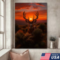 Deer Sunset Canvas Wall Art, Majestic Buck Silhouette in Orange Sky