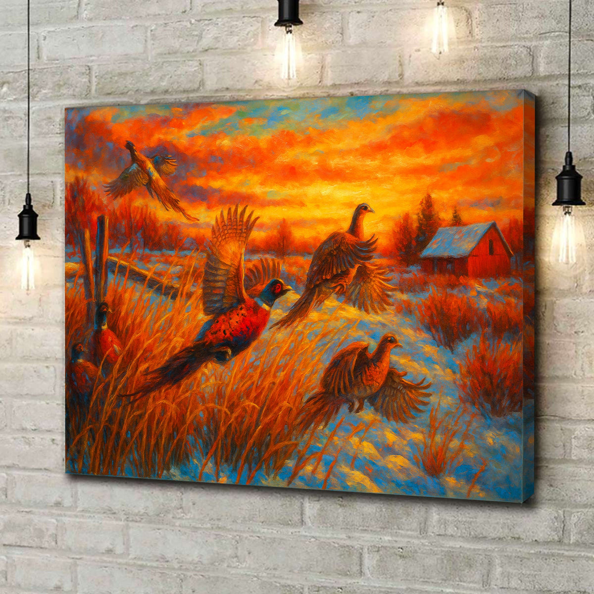 Flying Pheasants Sunset Canvas Wall Art – Rustic Hunting Cabin Decor for Nature Lovers