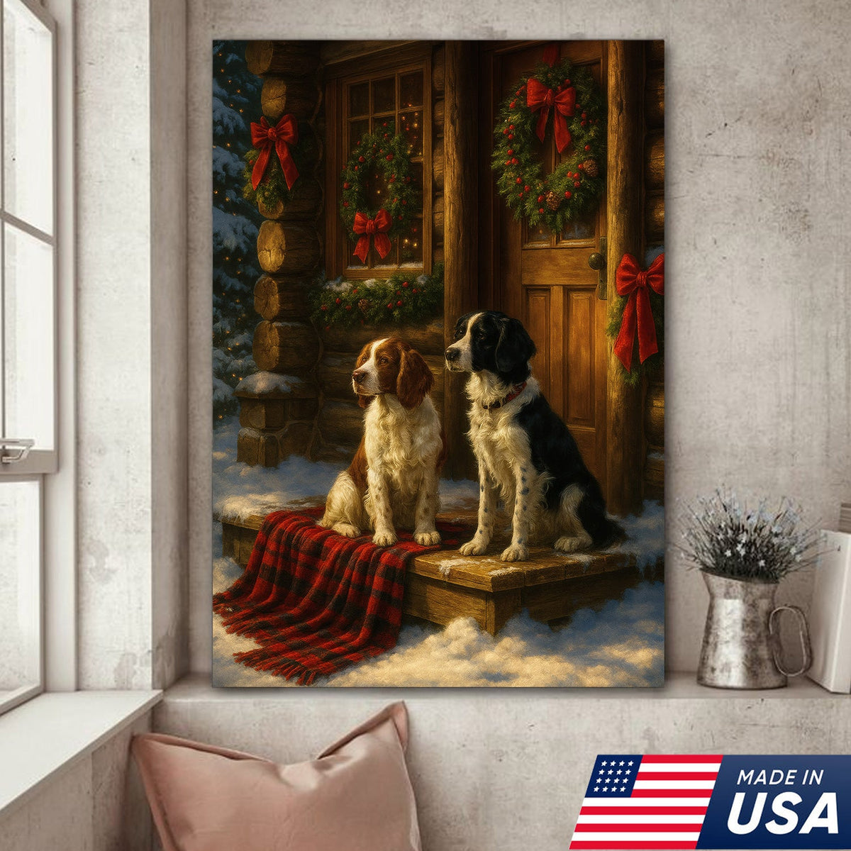 Christmas Dogs Canvas Wall Art, Winter Cabin Decor, Holiday Dog Print