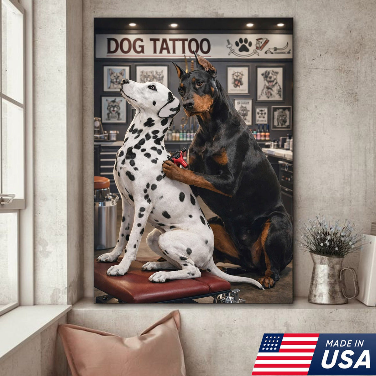 Funny Dog Tattoo Studio Canvas Wall Art, Doberman Tattoo Artist with Dalmatian Client