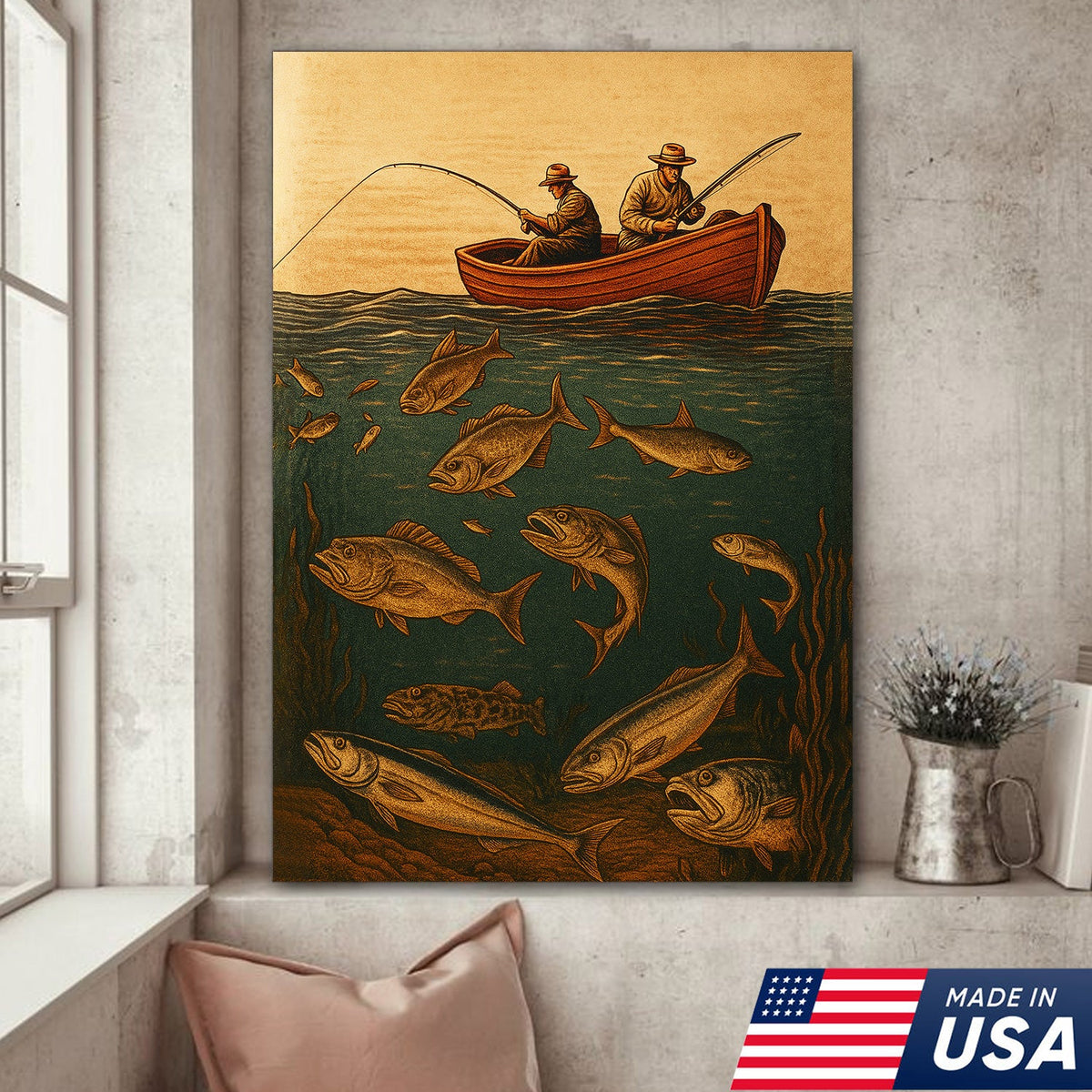 Vintage Fishermen Woodcut Wall Art – Retro Fishing Canvas Print