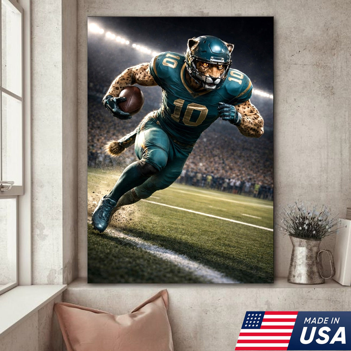 Fierce Cheetah Football Canvas Wall Art – Speed Hunter Athlete Stadium Action Print