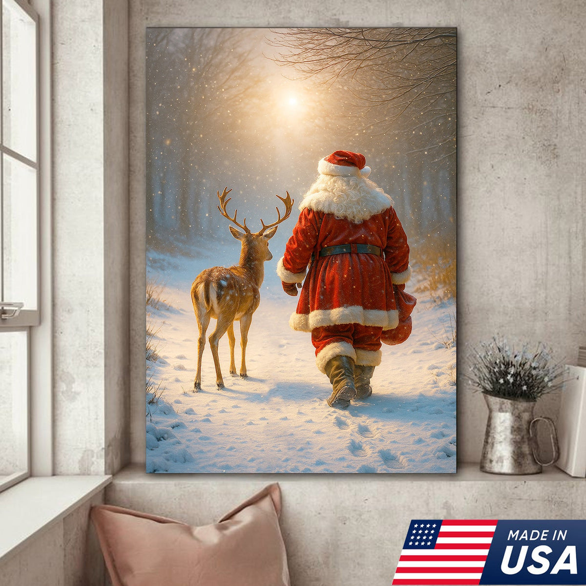 Santa and Deer Christmas Canvas Wall Art – Cozy Winter Forest Decor, Holiday Gifts for Home Lovers
