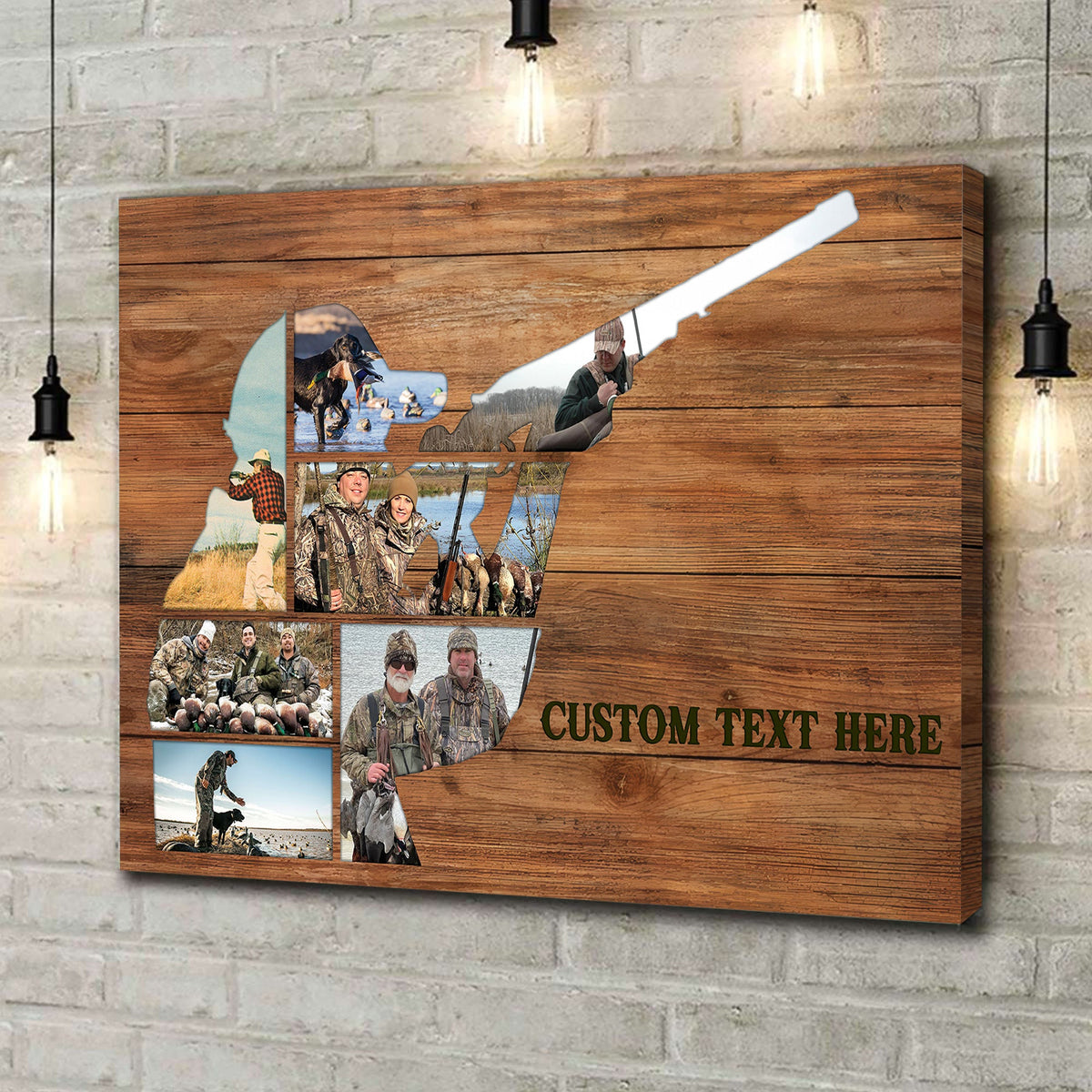 Custom Photo Hunting Collage Canvas, Hunter Silhouette on Rustic Wood, Personalized Camo Gift Wall Art