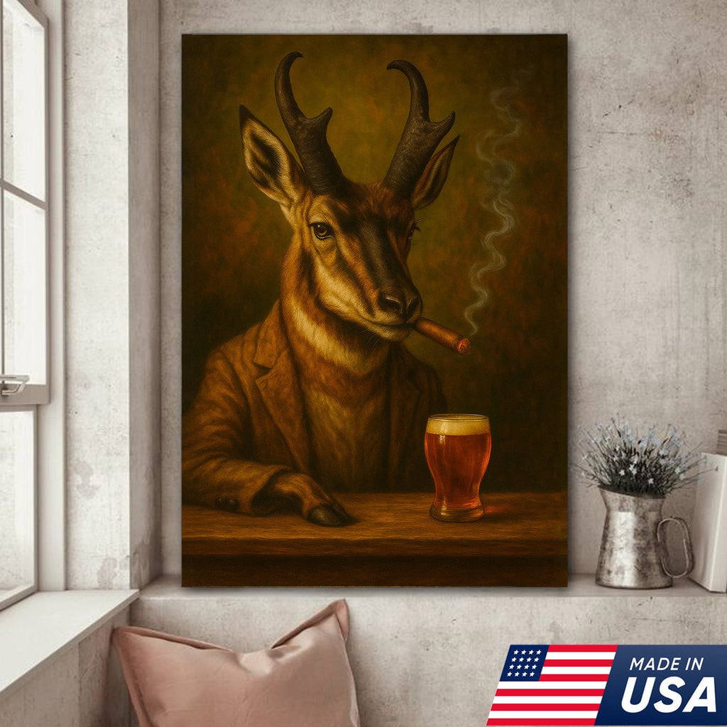 Funny Antelope Smoking & Beer Glass Canvas Wall Art - Hunting Perfect Gift for Hunters