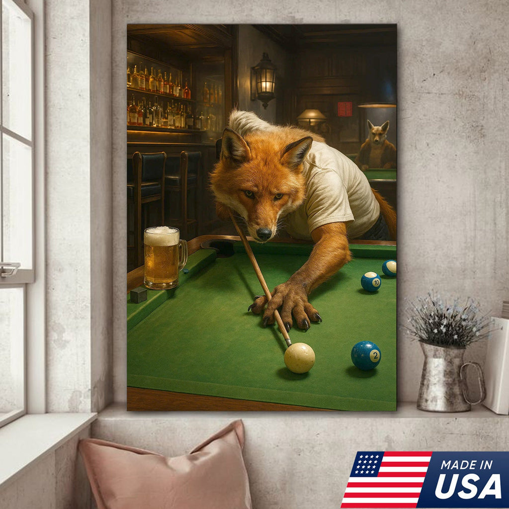 Fox Playing Pool Canvas Wall Art, Funny Billiards Room Decor, Game Room & Pool Hall Gift