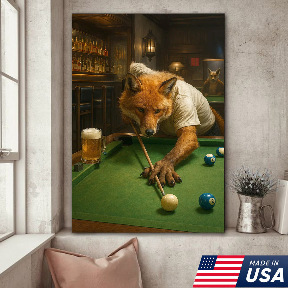 Fox Playing Pool Canvas Wall Art, Funny Billiards Room Decor, Game Room & Pool Hall Gift