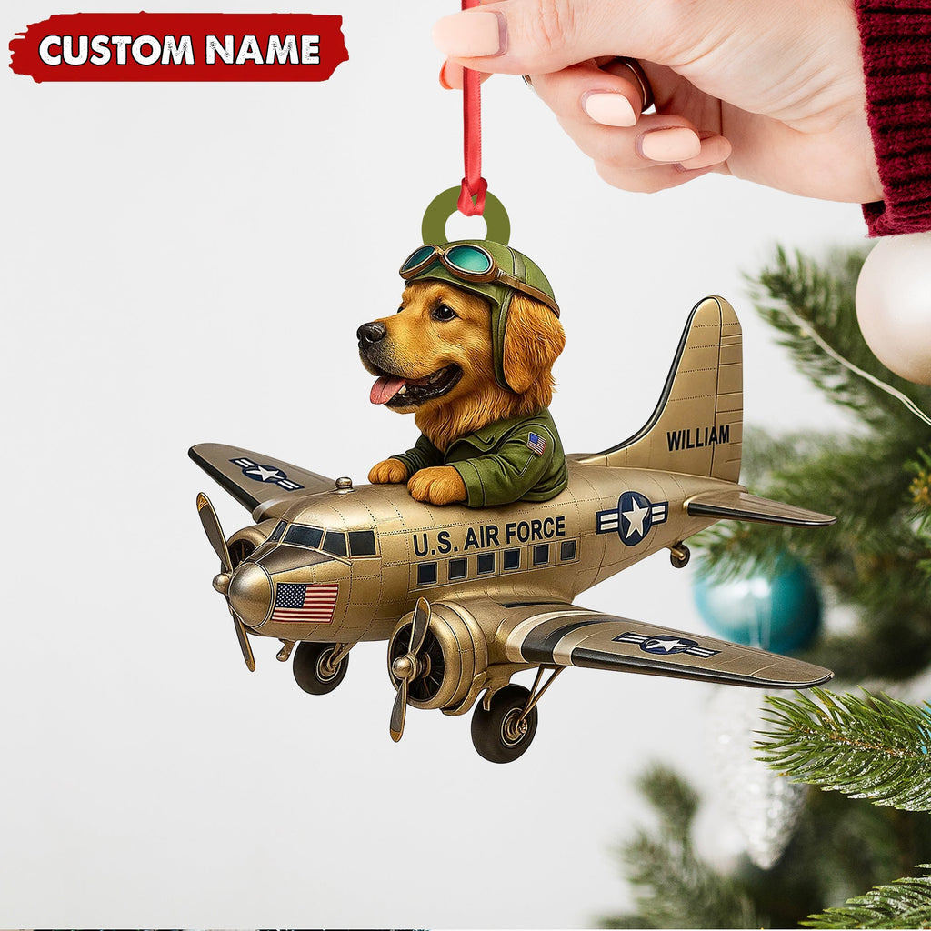 Personalized Dog Pilot Christmas Ornament, Custom Name U.S. Air Force Airplane, Military Dog Lover Tree Decor Gift